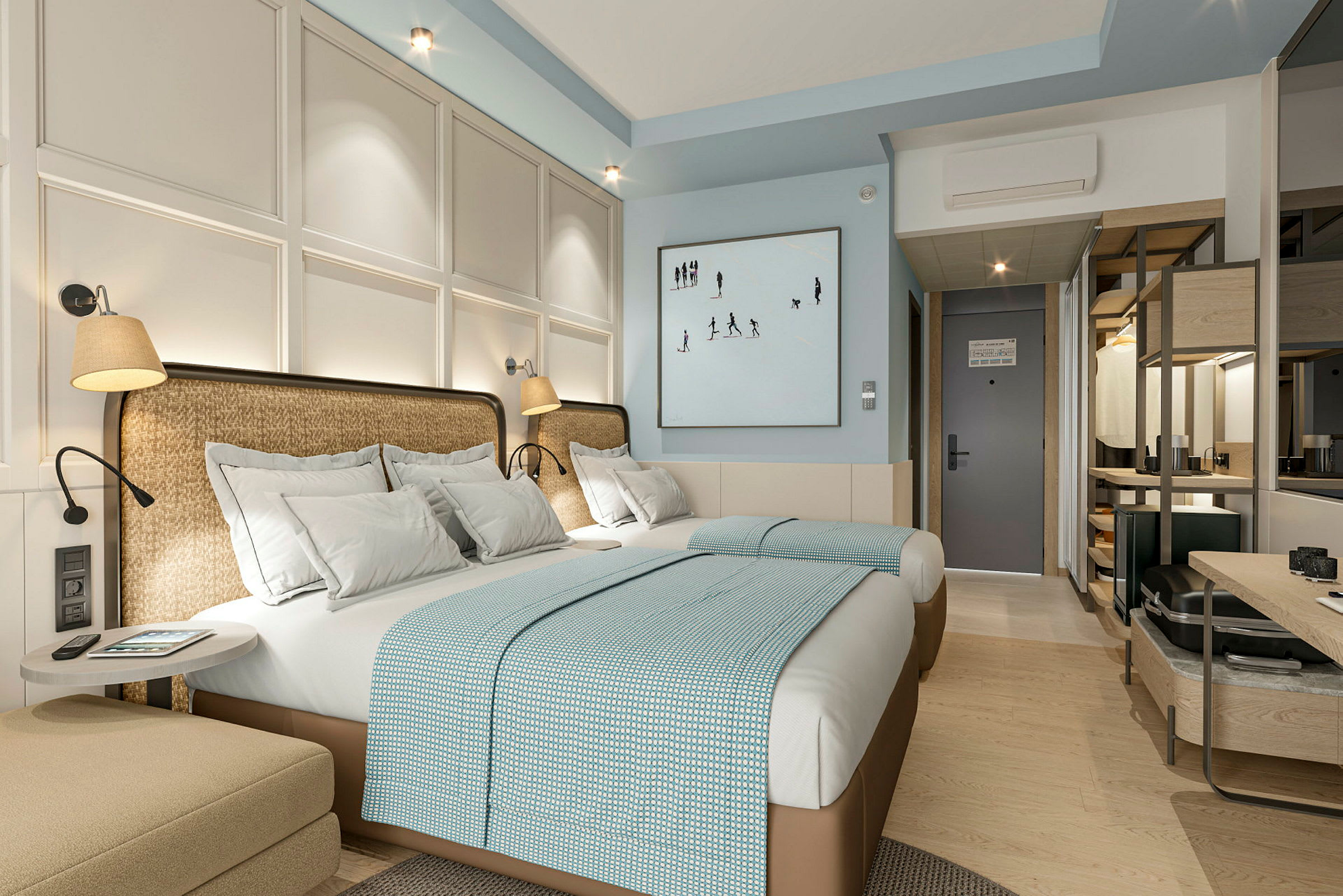 Interiør af et moderne hotelværelse med en stor seng og elegant indretning. (AI-genereret tekst)