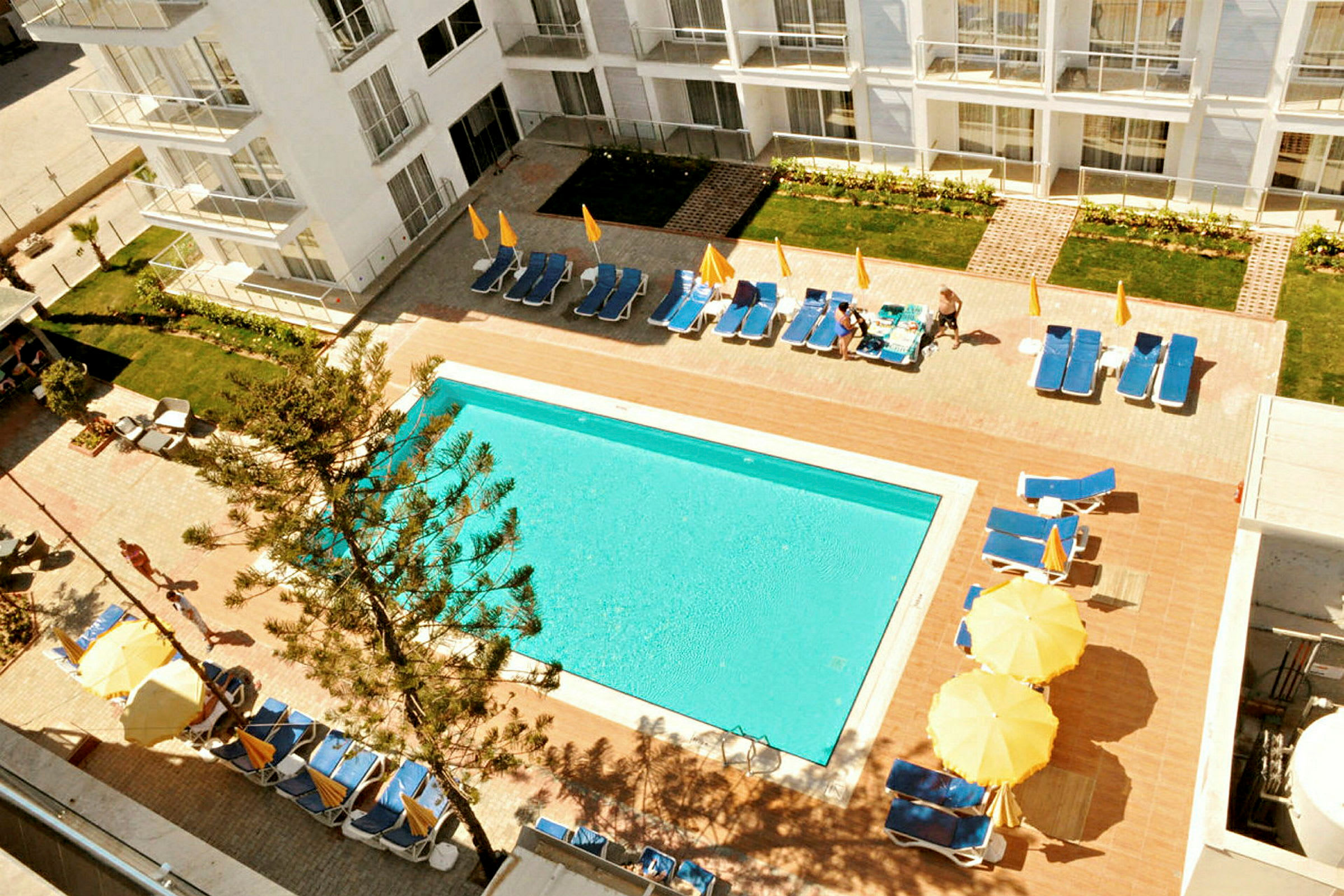 Udsigt over en hotelpool omgivet af liggestole og gule parasoller. (AI-genereret tekst)