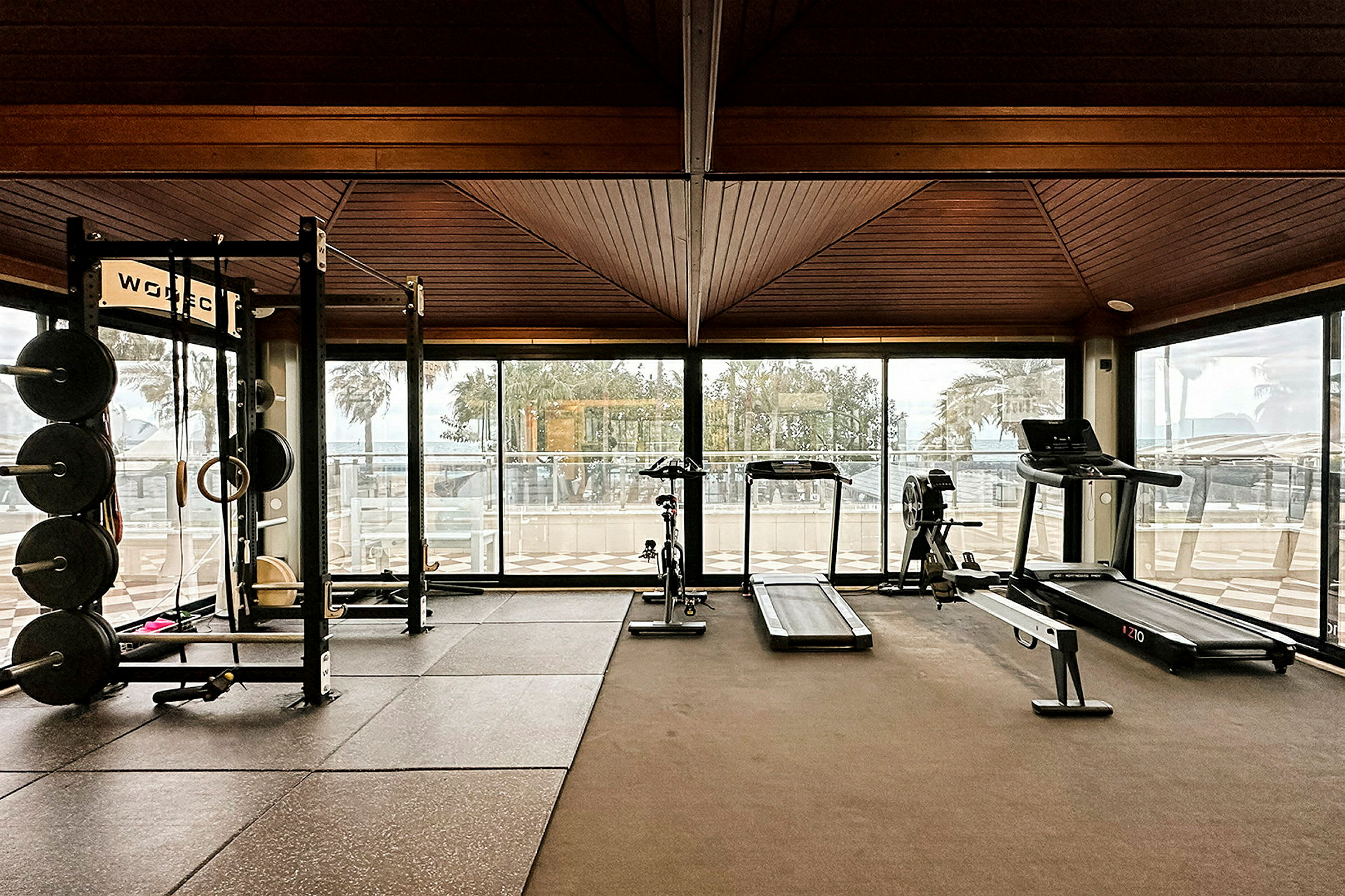 Et fitnesscenter med træningsudstyr som løbebånd, cykler og vægte. Rummet har store vinduer med udsigt over udendørsmiljøet med palmer. (AI-genereret tekst)