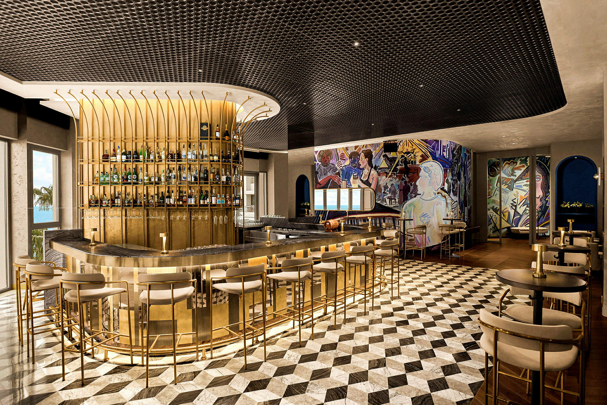 En elegant bar med guldbelagt indretning, geometriske gulvfliser og kunstneriske vægmalerier. (AI-genereret tekst)