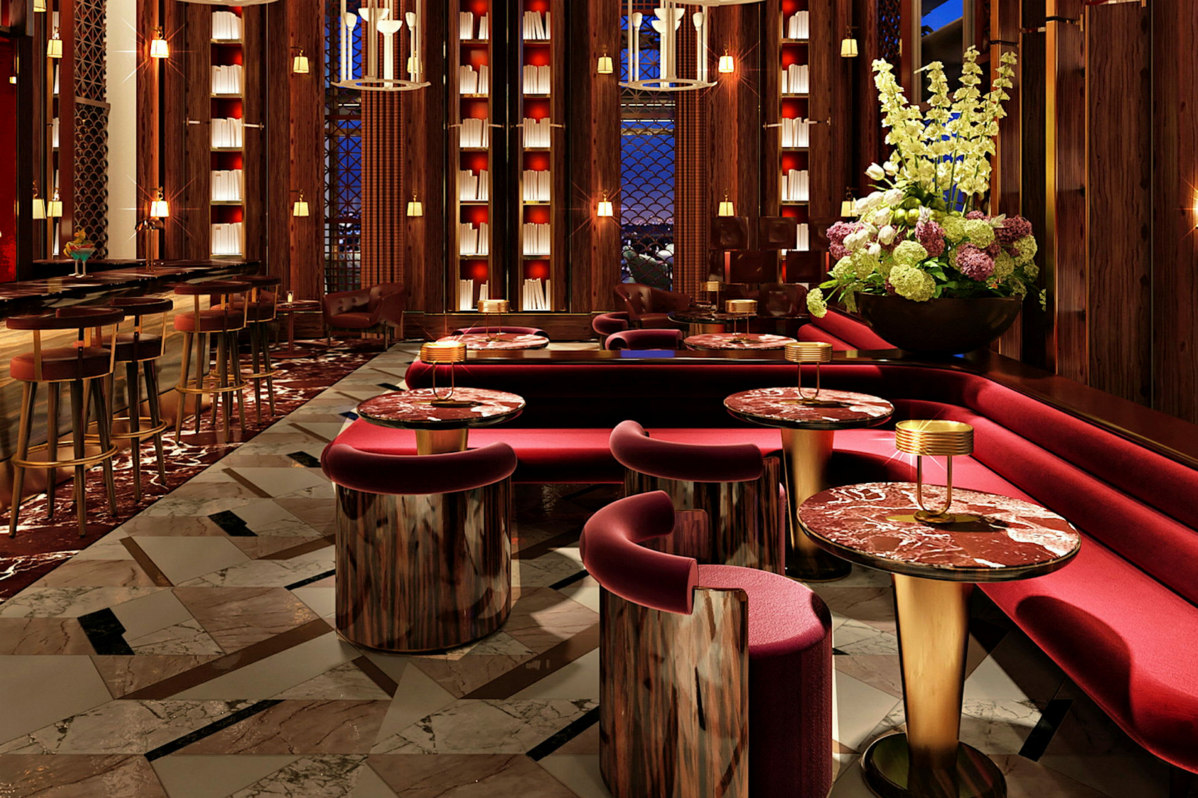 En elegant lounge med røde møbler, marmorborde og guldfarvede detaljer. Atmosfæren er varm med dæmpet belysning og en blomsterdekoration. (AI-genereret tekst)