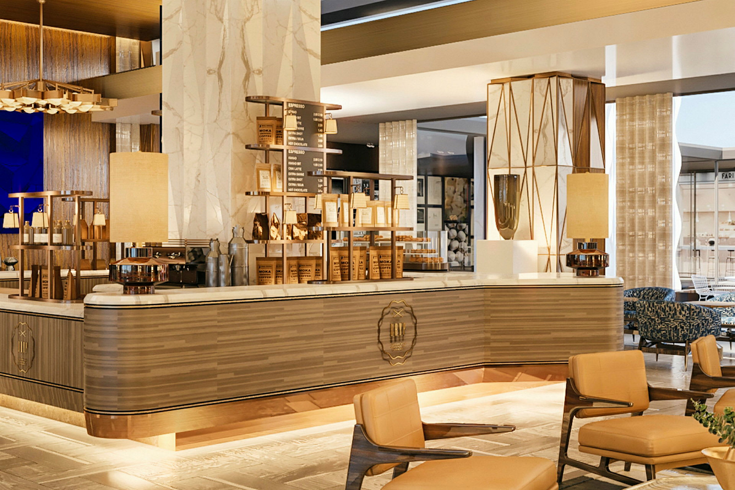 En elegant caféindretning med moderne møbler og rummelige siddepladser. (AI-genereret tekst)