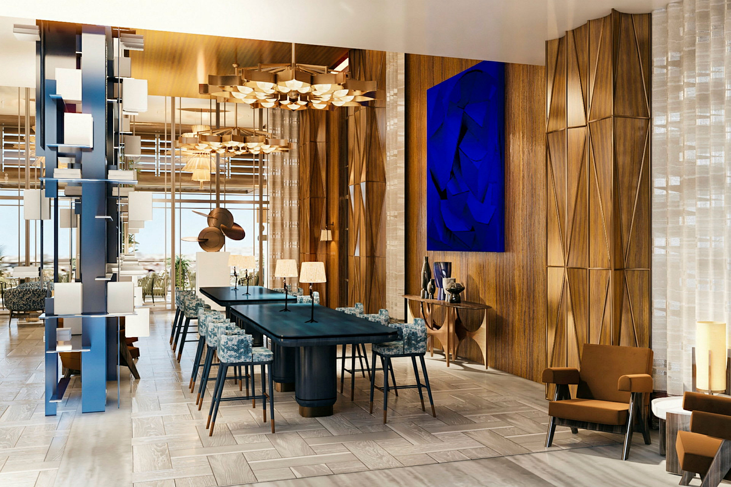Moderne møbler og interiørdetaljer i elegant hotelrestaurant. (AI-genereret tekst)