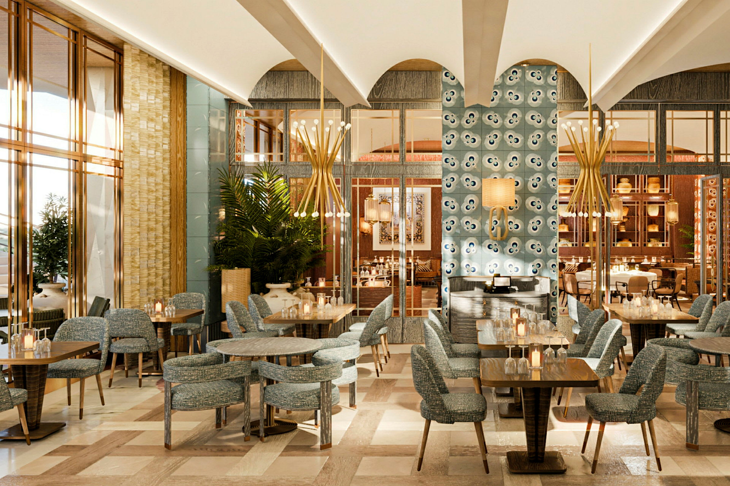 En elegant restaurant med moderne møbler og dekorative detaljer. (AI-genereret tekst)
