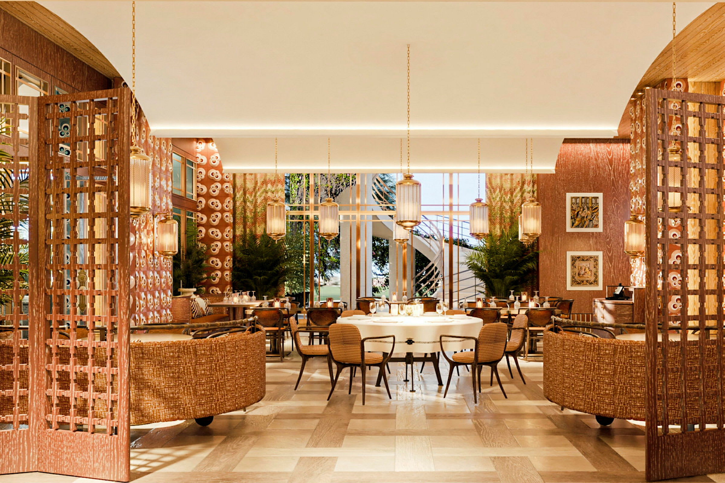 En elegant restaurantindretning med borde, stole og moderne belysningsarmaturer. Farverige vægge og planter skaber en sofistikeret atmosfære. (AI-genereret tekst)