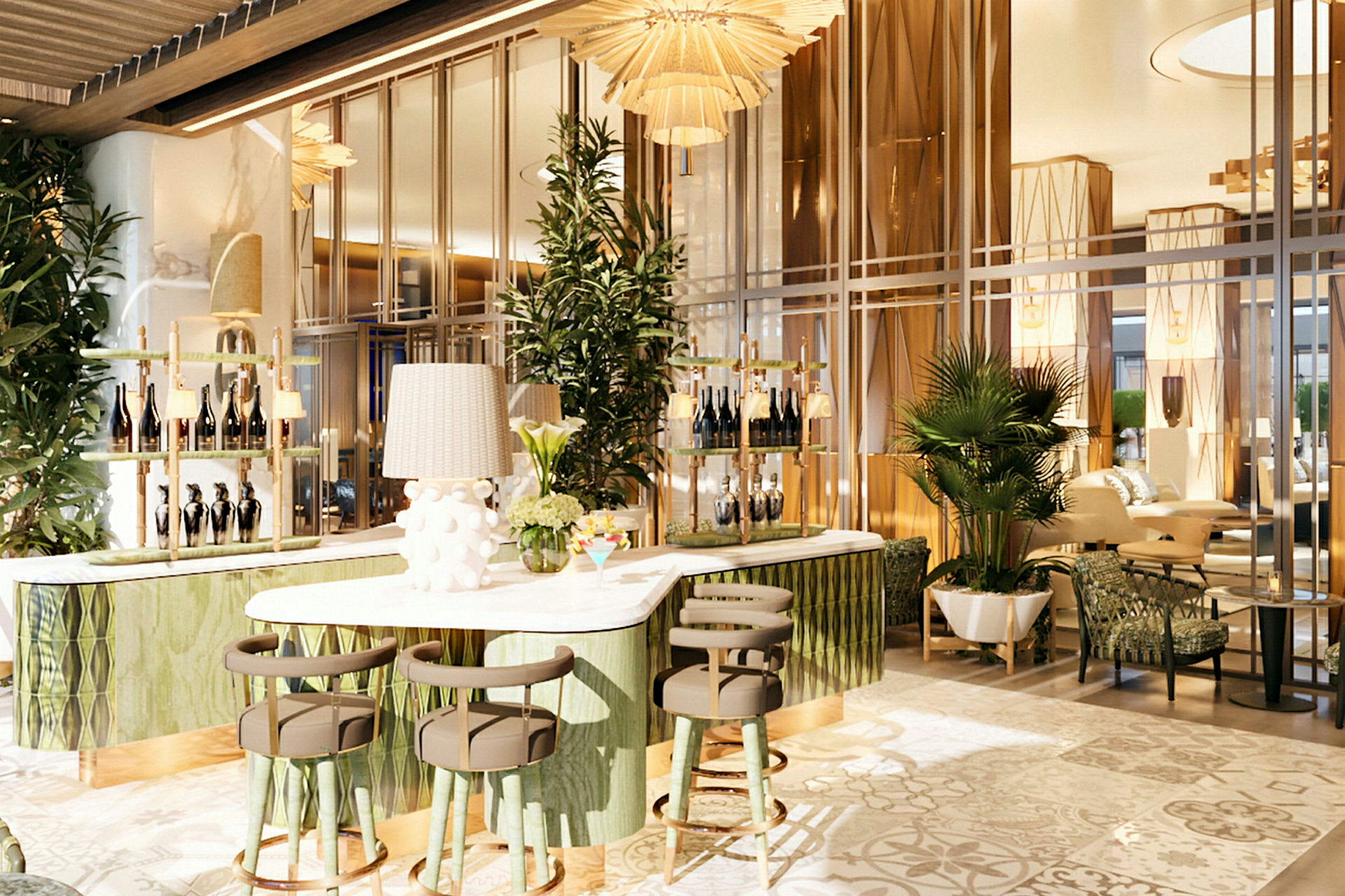 En elegant hotelbar med grønne møbler og dekorationer, omgivet af planter og lamper. (AI-genereret tekst)