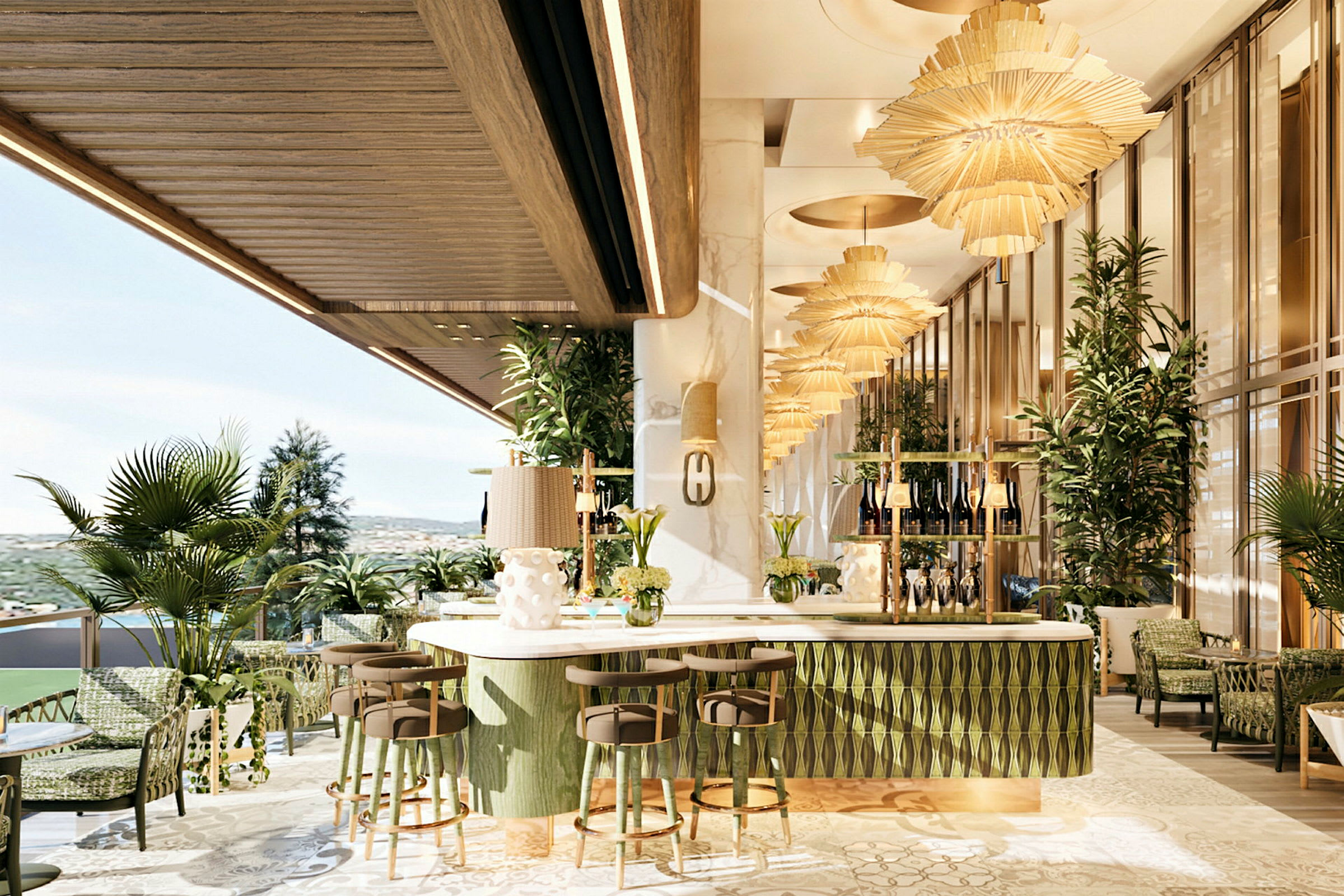 En elegant indrettet restaurant med grønne detaljer og store lysekroner. (AI-genereret tekst)
