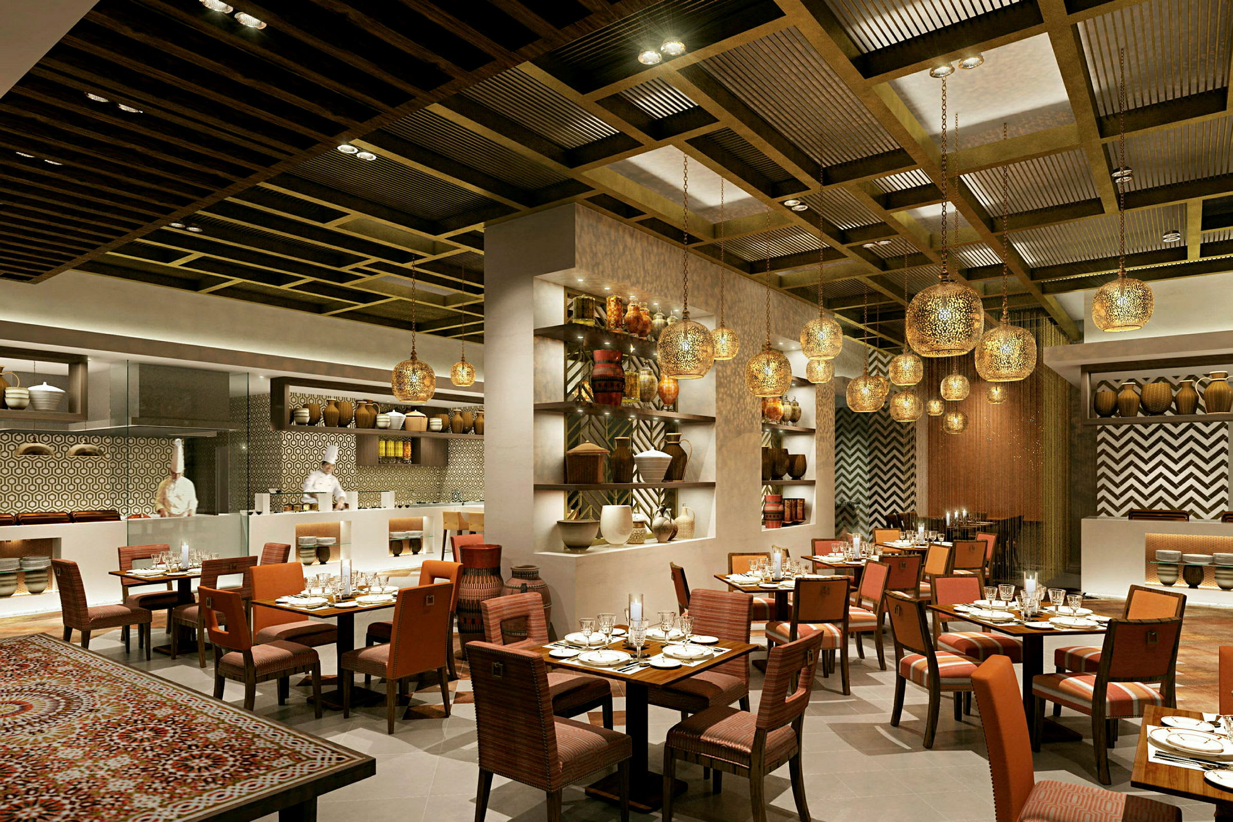 En elegant restaurant med stilfuld indretning med runde lamper, hylder fyldt med keramikvaser og borde med duge klar til servering. (AI-genereret tekst)