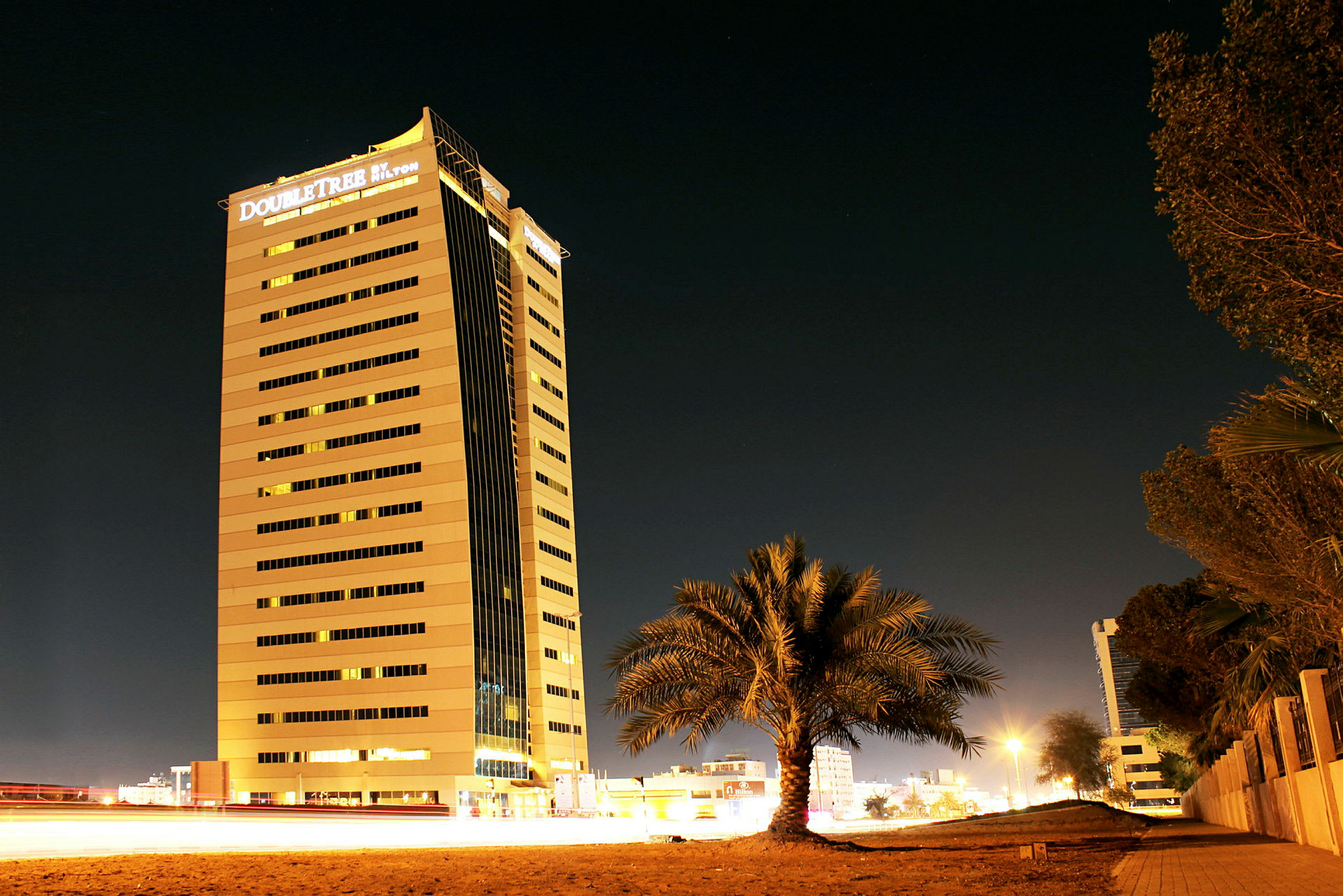 Et højt hotel oplyst om natten, med en palme i forgrunden. (AI-genereret tekst)