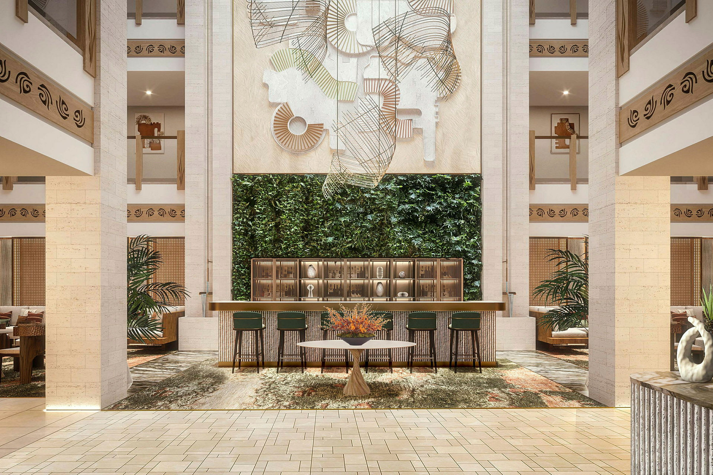 En hotellobby med grøn plantevæg, siddepladser og kunstneriske dekorationer. (AI-genereret tekst)