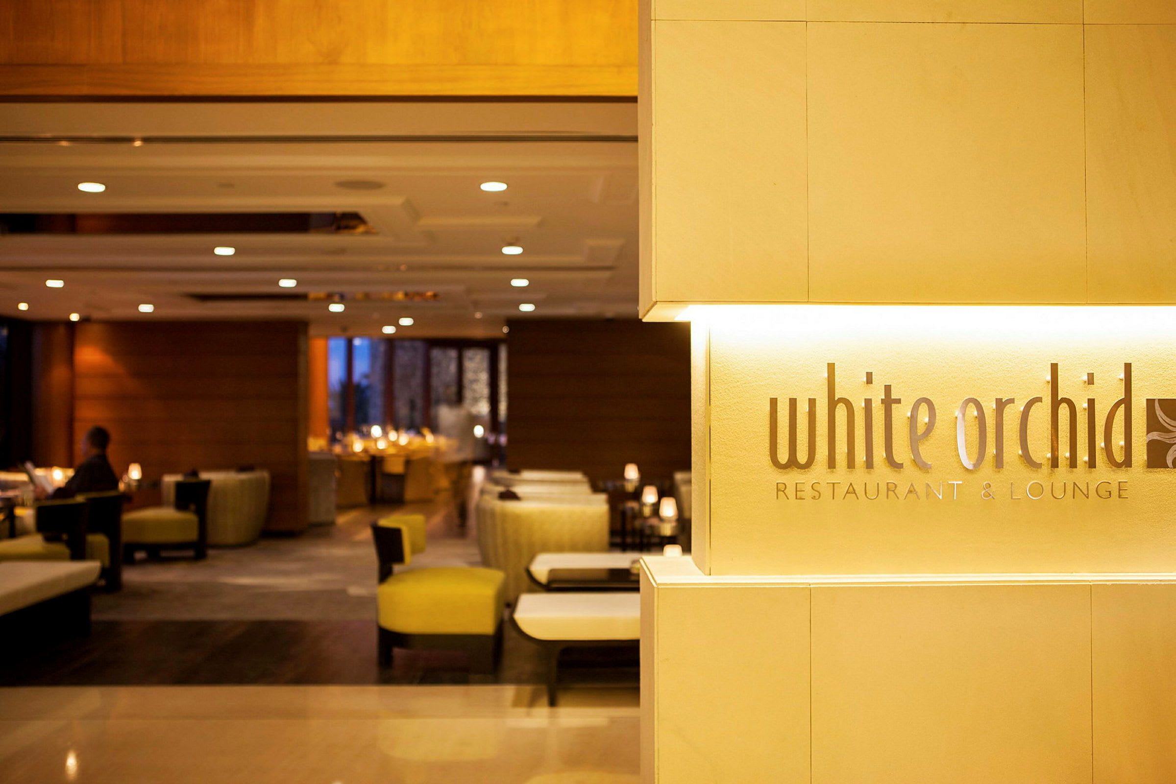 Skilt med teksten 'White Orchid Restaurant & Lounge' ved indgangen til en restaurant med moderne og elegant indretning. (AI-genereret tekst)