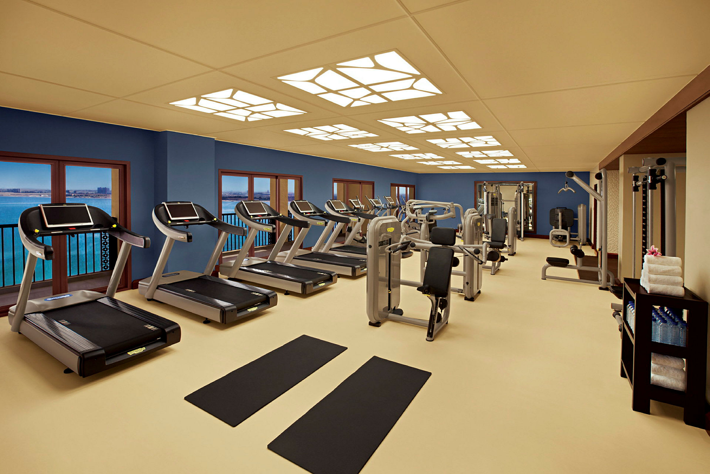 Et fitnesscenter med løbebånd, træningsmaskiner og måtter. (AI-genereret tekst)