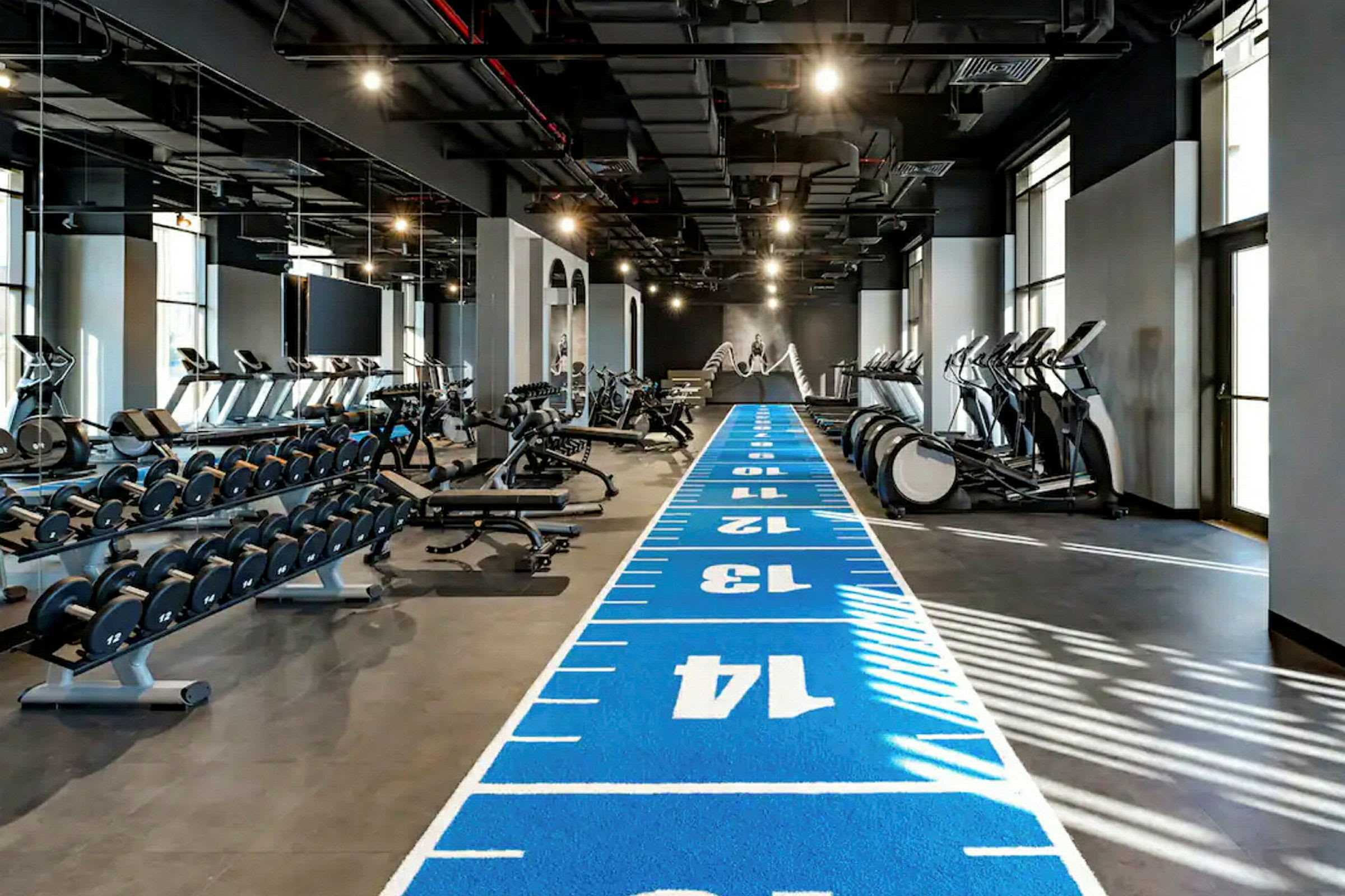 Et fitnesscenter med træningsudstyr, vægte og en blå løbebane markeret med tal. (AI-genereret tekst)