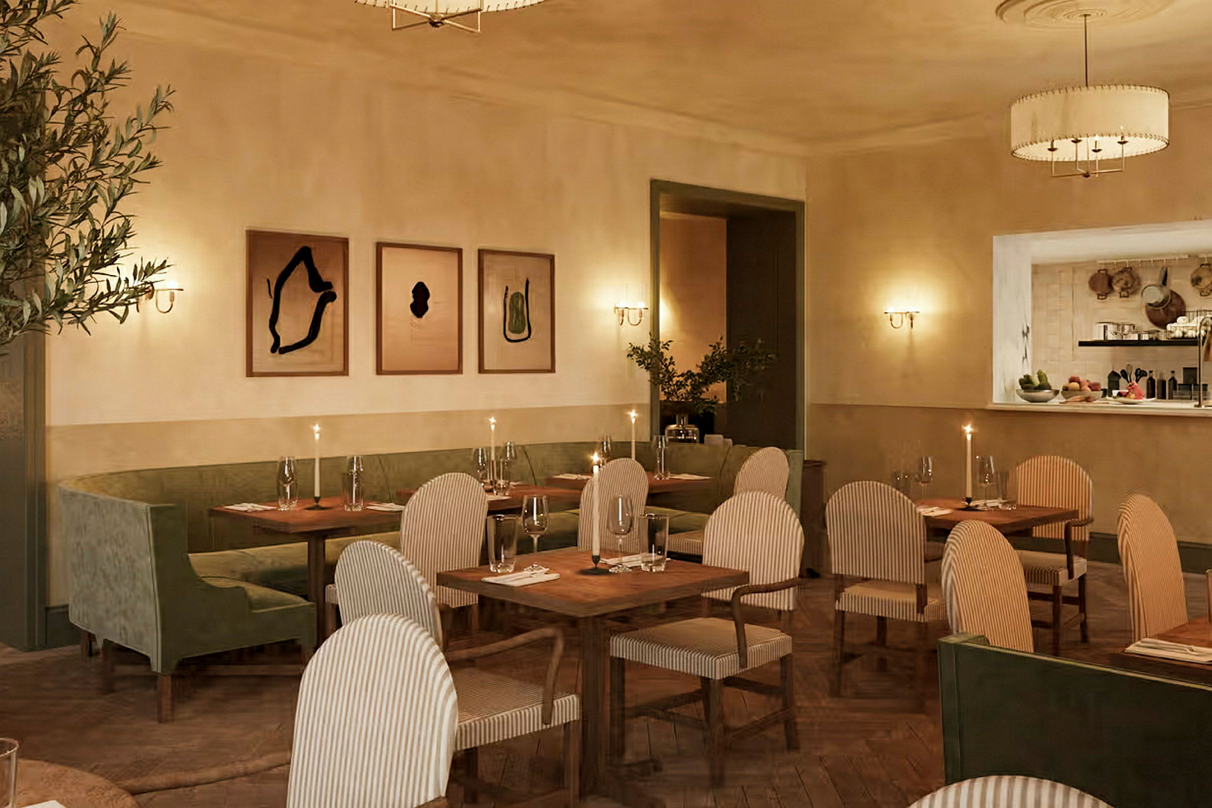 En elegant restaurant med borde, stole og kunstværker på væggene. (AI-genereret tekst)