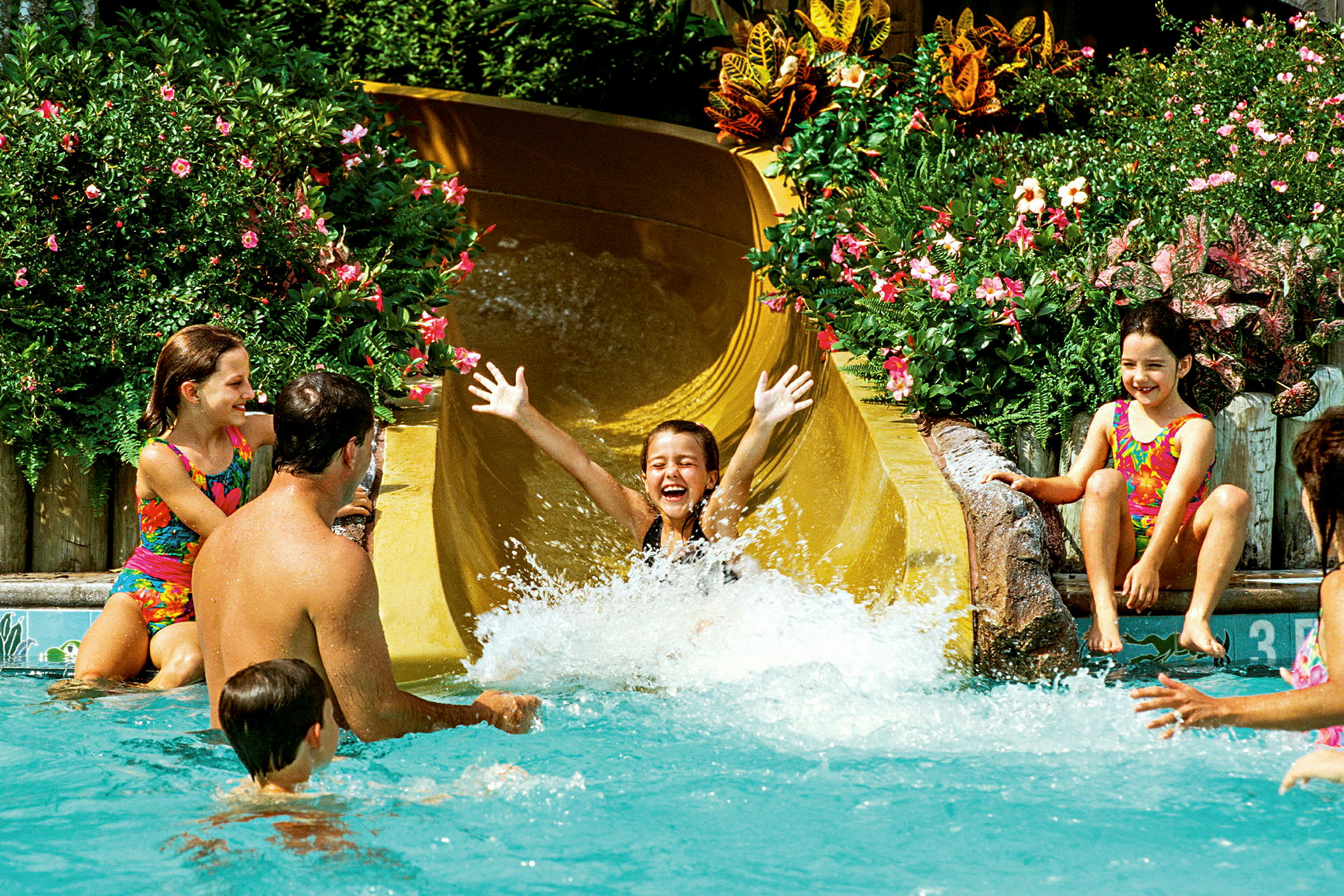 En person glider ned ad en gul vandrutsjebane og lander i en pool omgivet af frodig beplantning og blomster. Andre personer står og sidder i vandet og kigger på. (AI-genereret tekst)