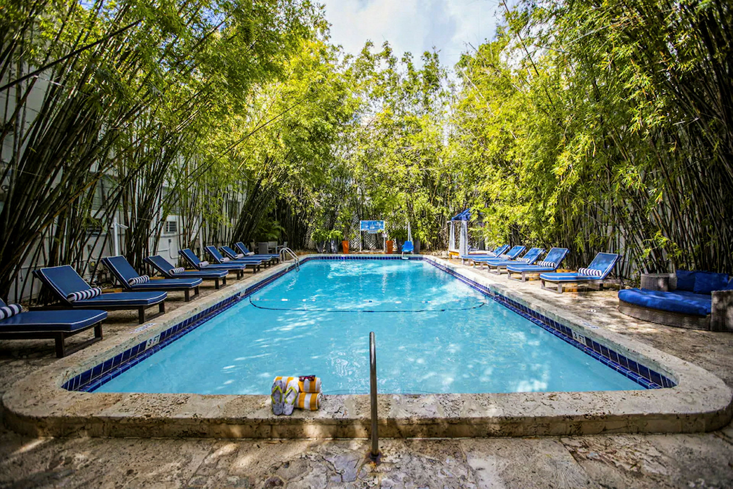 En udendørs swimmingpool omgivet af bambustræer og med blå liggestole omkring. (AI-genereret tekst)