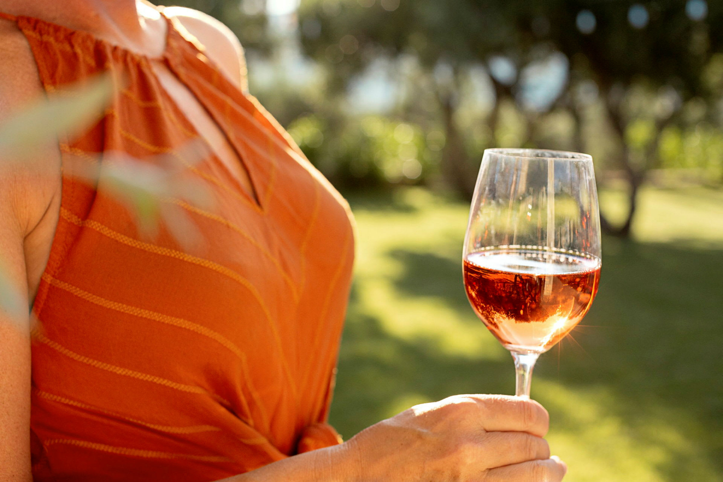 En person holder et glas rosévin udendørs. (AI-genereret tekst)