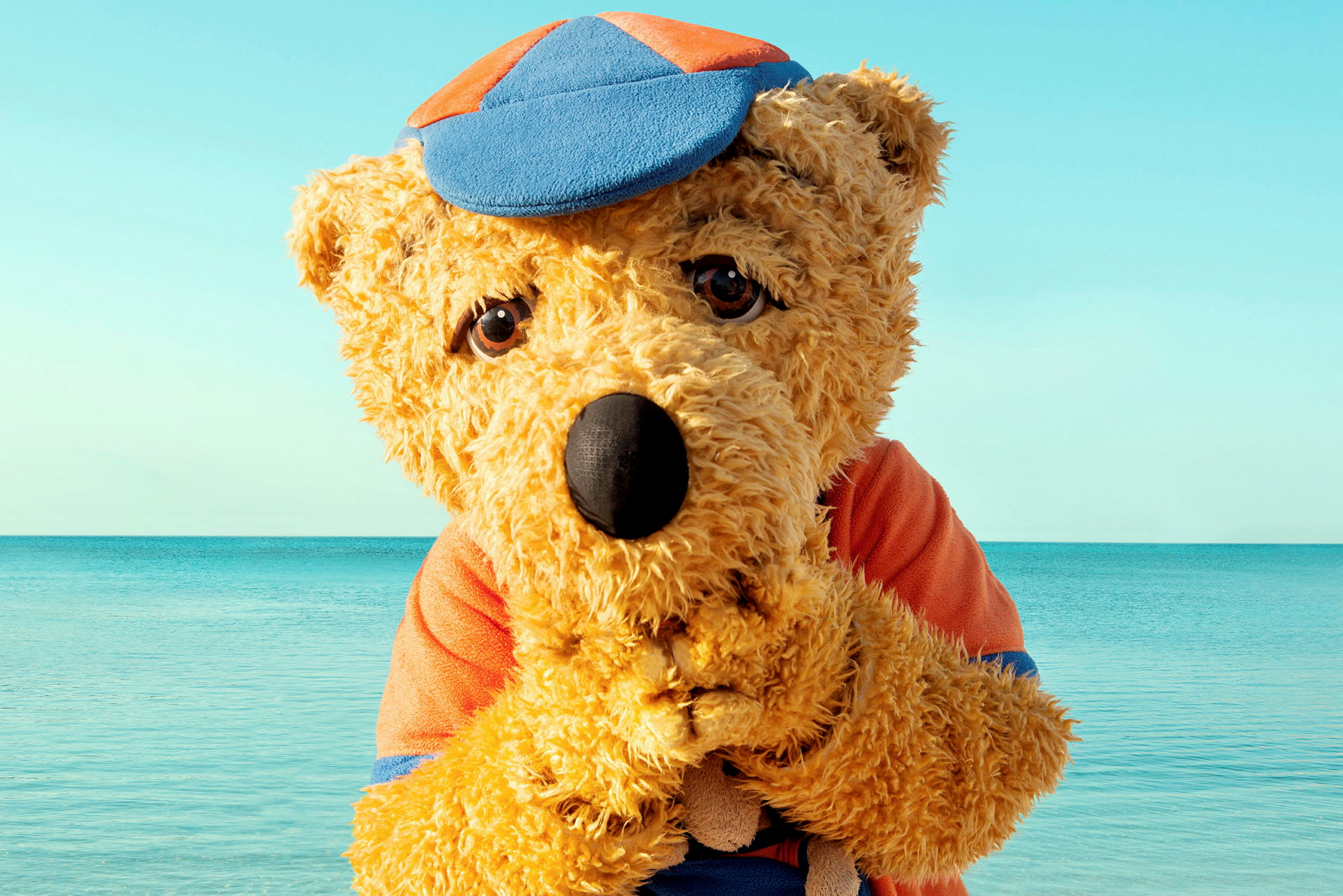 En bamse med kasket og tøj står ved havet. (AI-genereret tekst)