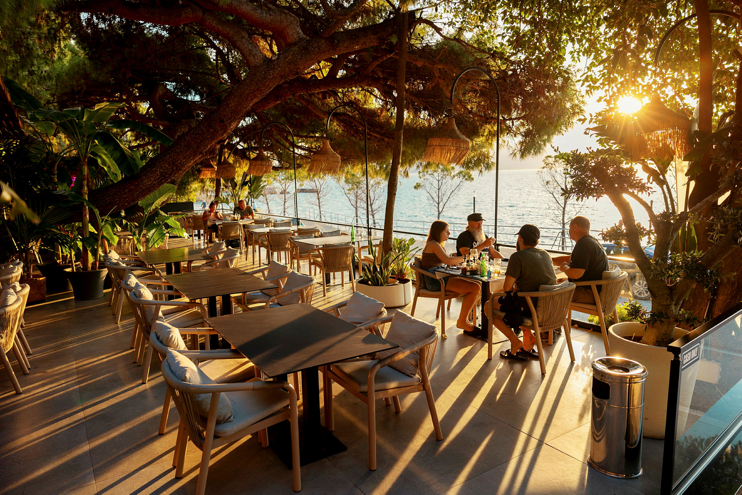 En terrasse med borde og stole under træer, beliggende nær havet ved solnedgang. (AI-genereret tekst)