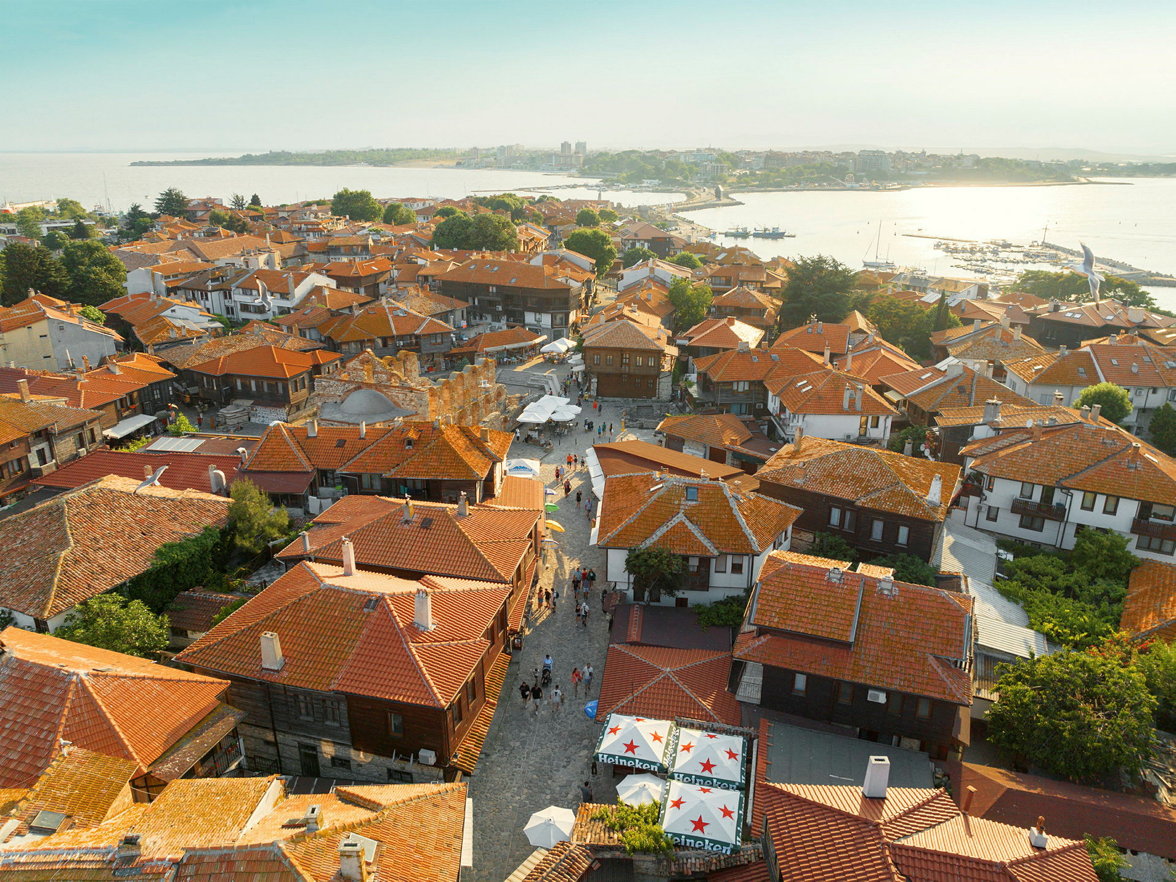 Luftfoto af en by med flere huse med røde tage, brostensbelagte gader og grønne træer. (AI-genereret tekst)