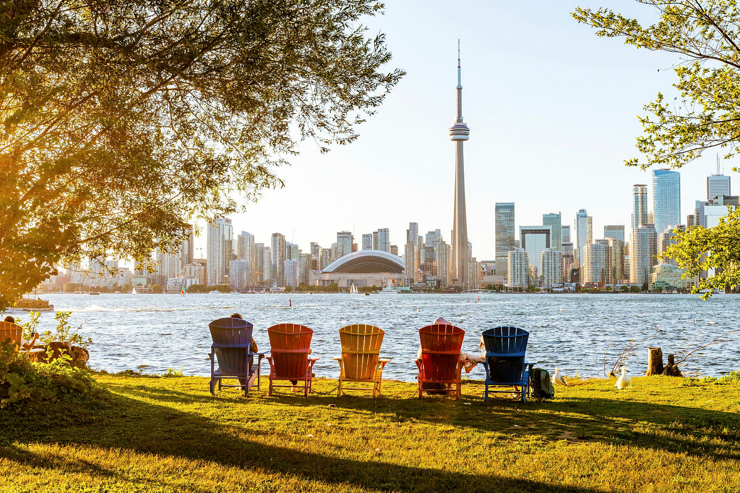 Farvede stole i en park med udsigt over en bysilhuet og CN Tower. (AI-genereret tekst)