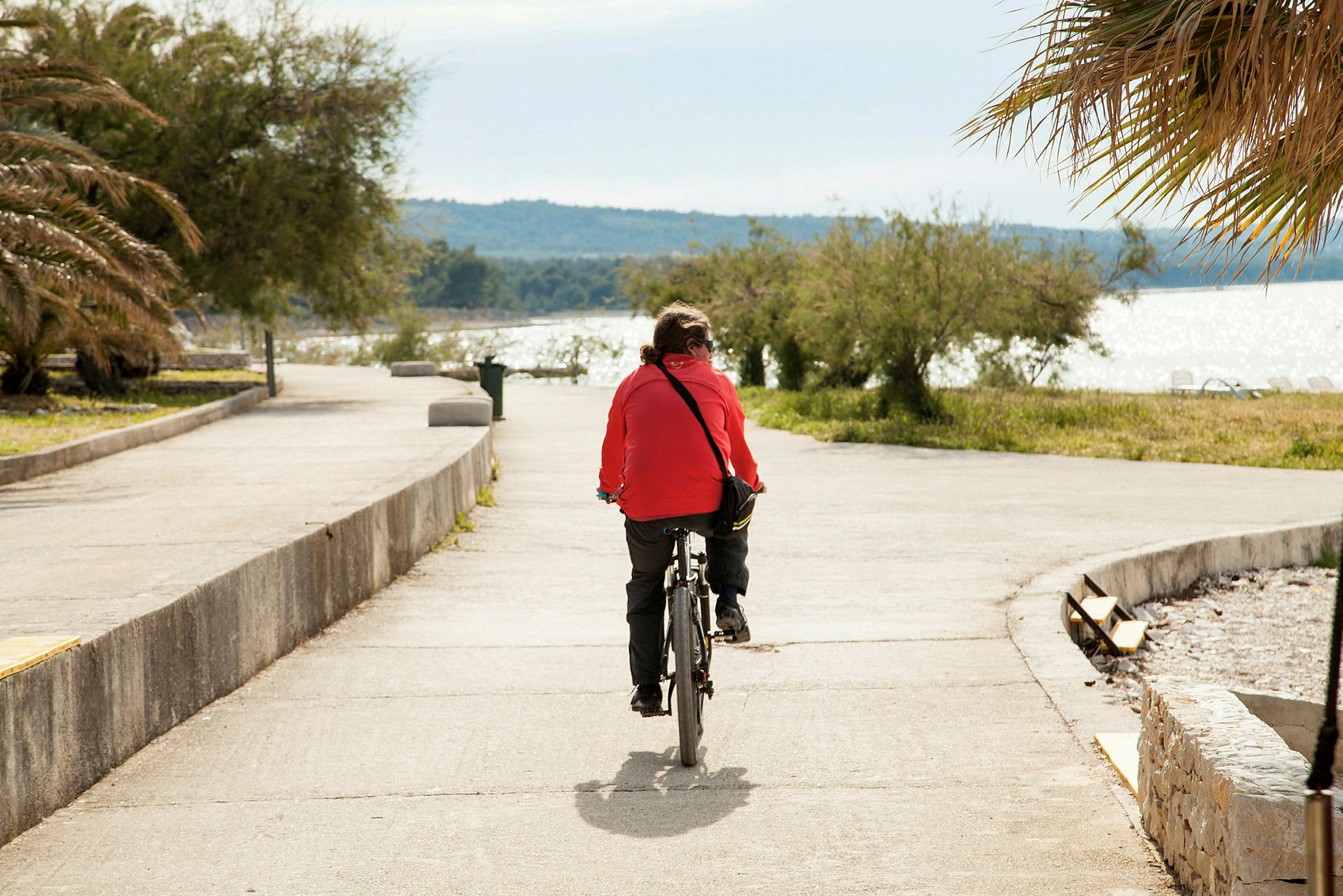En person cykler langs en strandpromenade med træer og palmer i baggrunden. (AI-genereret tekst)