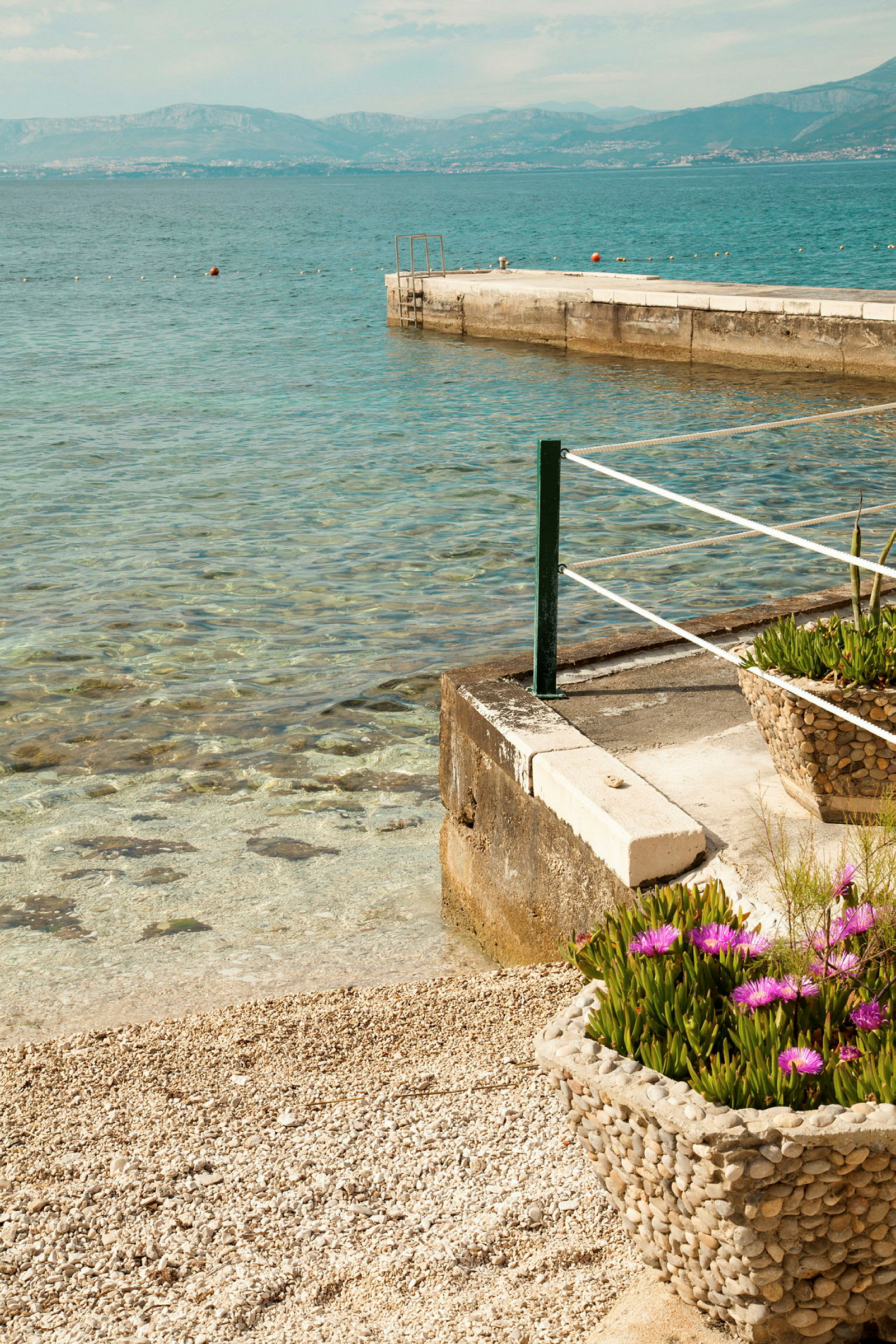 Strand med sten, blomsterkrukke med lilla blomster og bådebro ved klart vand. (AI-genereret tekst)
