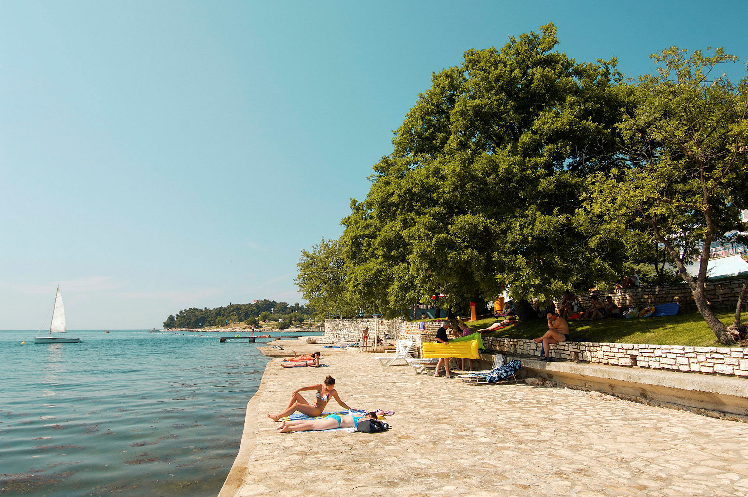 Personer soler sig ved en stenlagt strand med træer i baggrunden og sejlbåd på havet. (AI-genereret tekst)