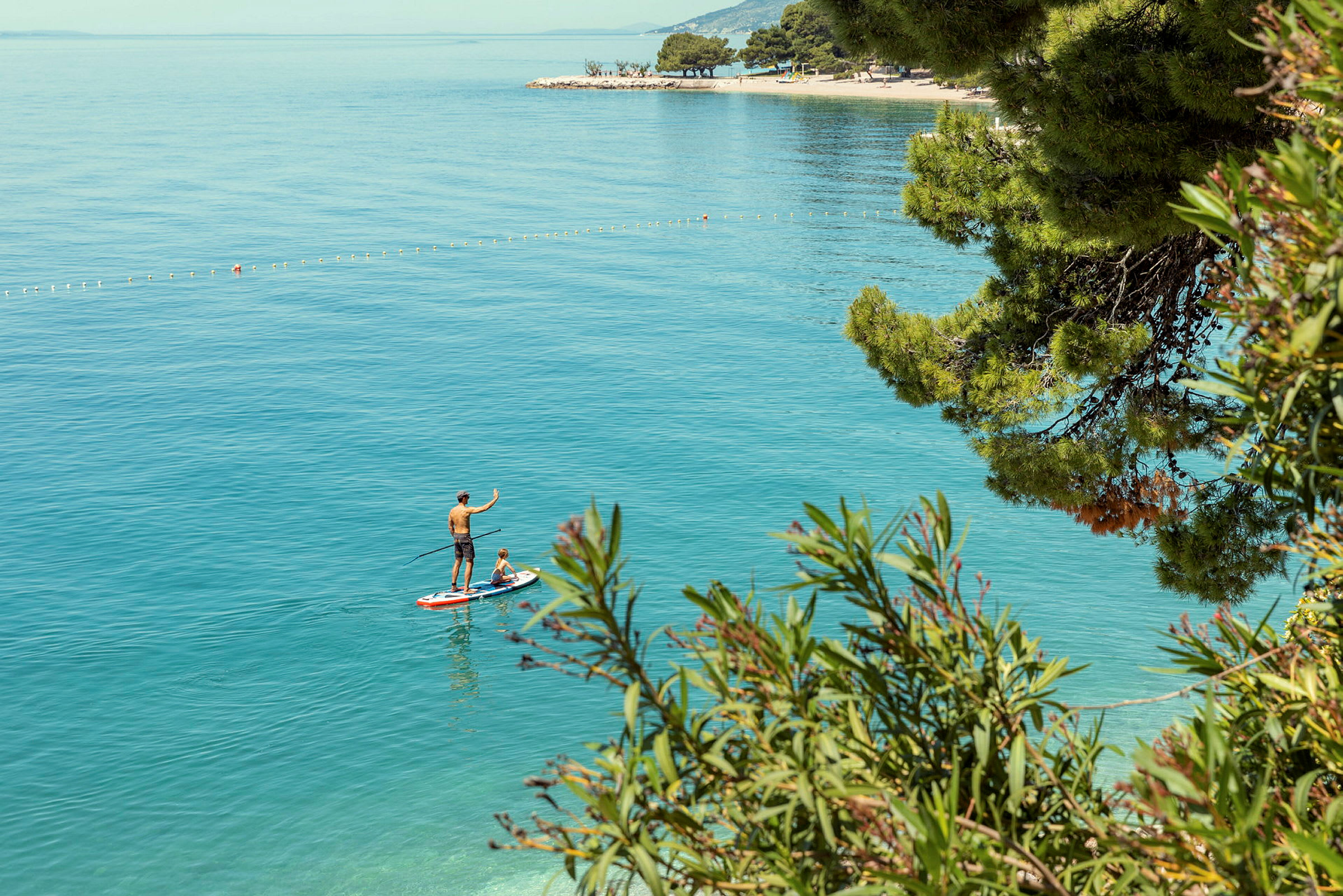 To personer står på et paddleboard i klart vand tæt på kysten med træer. (AI-genereret tekst)
