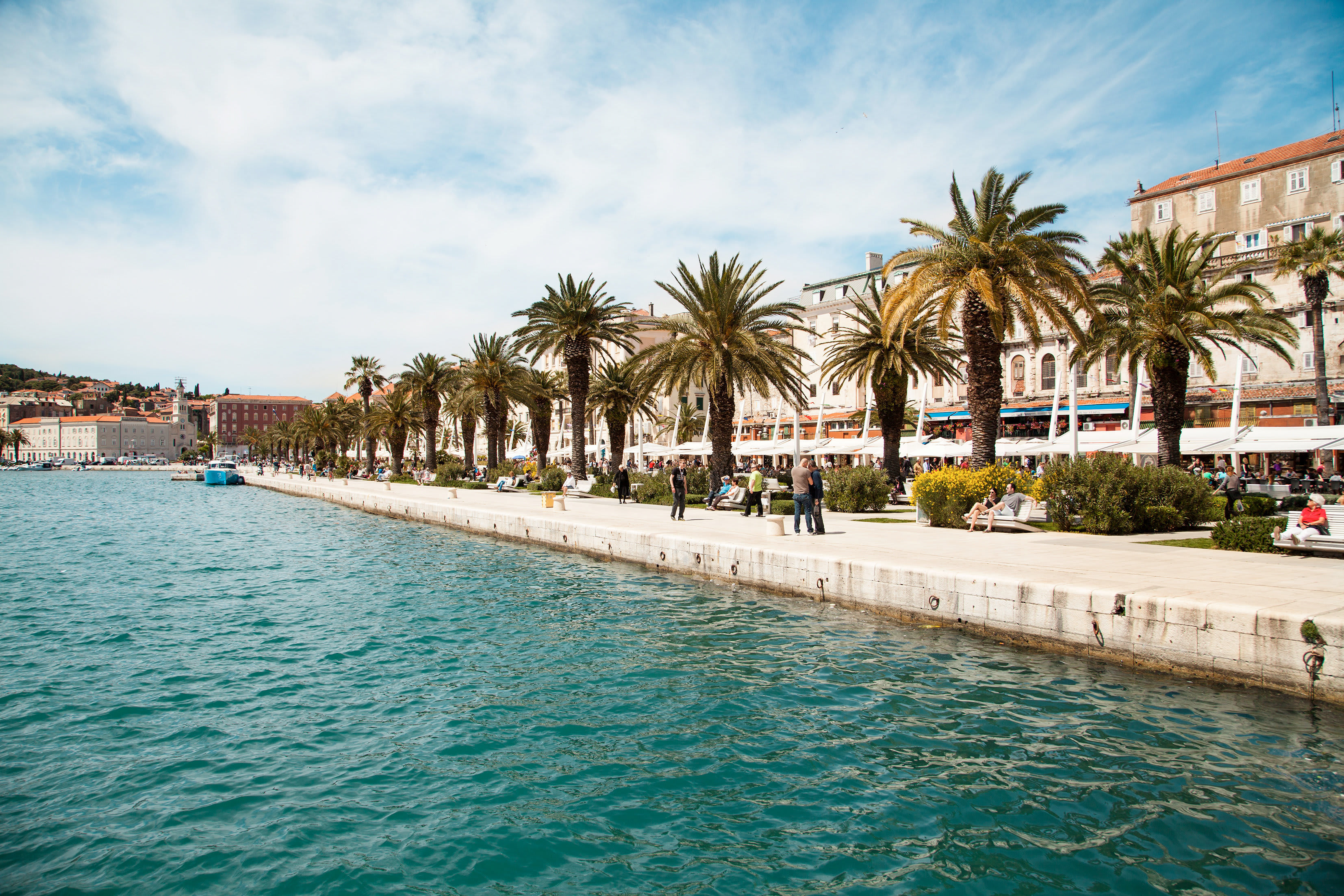 En havnepromenade med palmer ved vandet. (AI-genereret tekst)