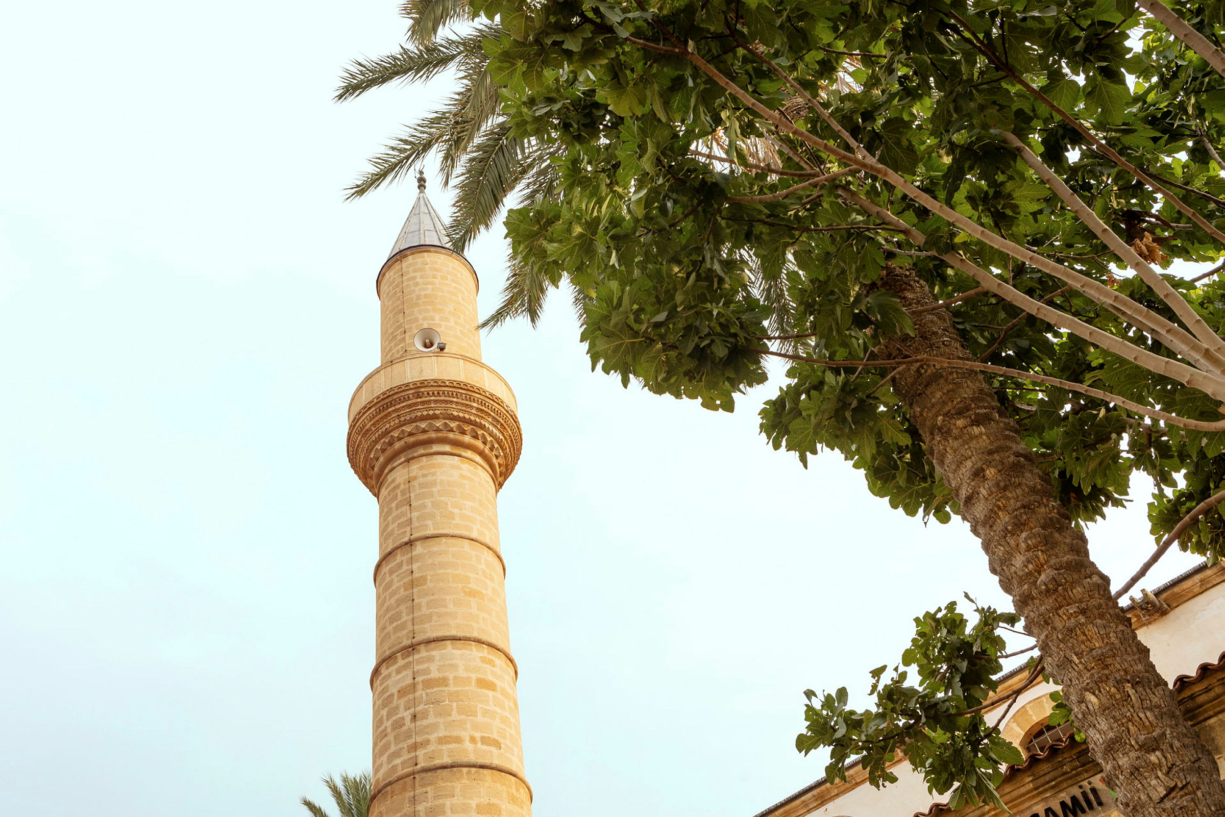En minaret ved siden af trætoppene. (AI-genereret tekst)