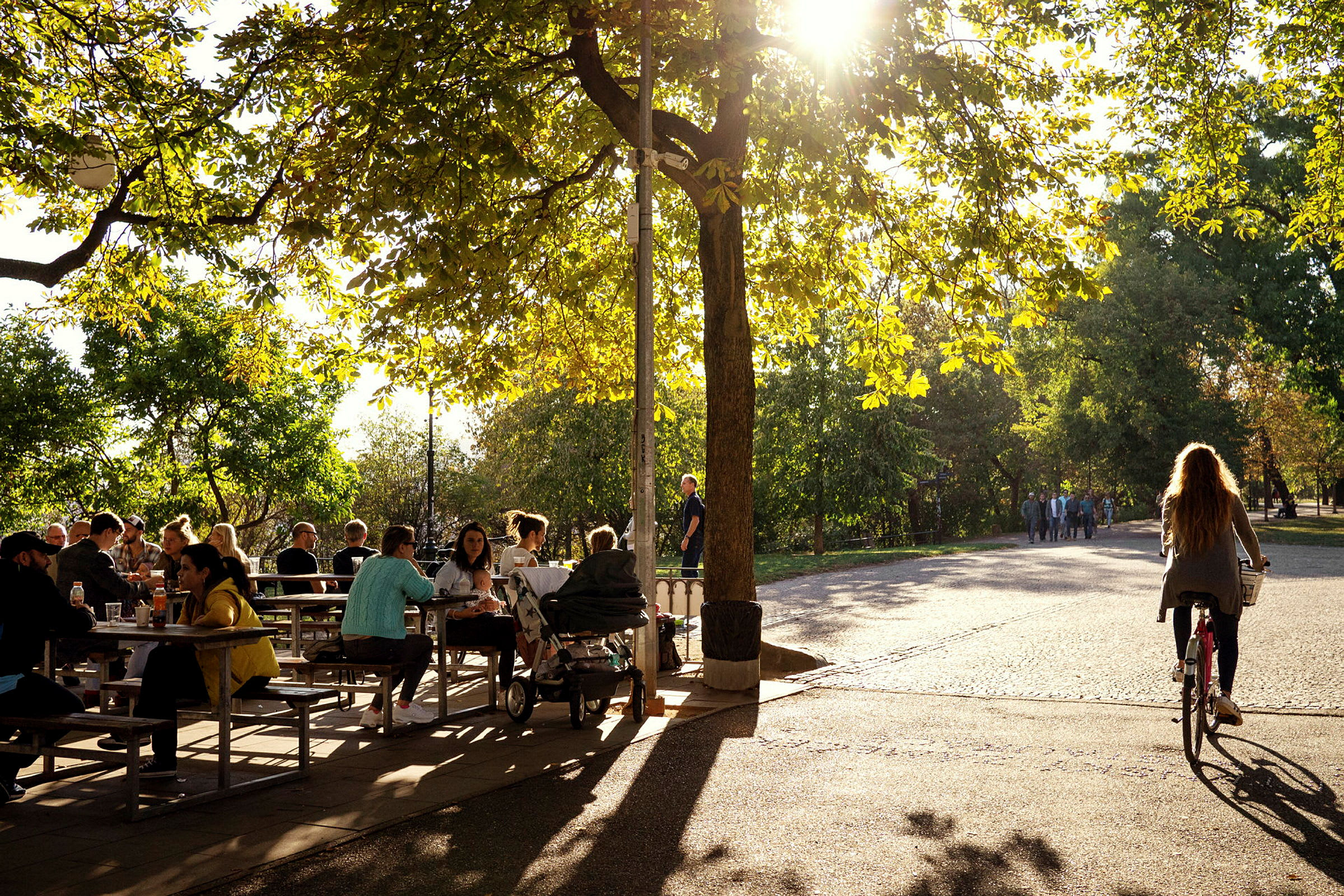 En park med mennesker, der sidder ved picnicborde under træernes skygge, mens solen skinner. (AI-genereret tekst)