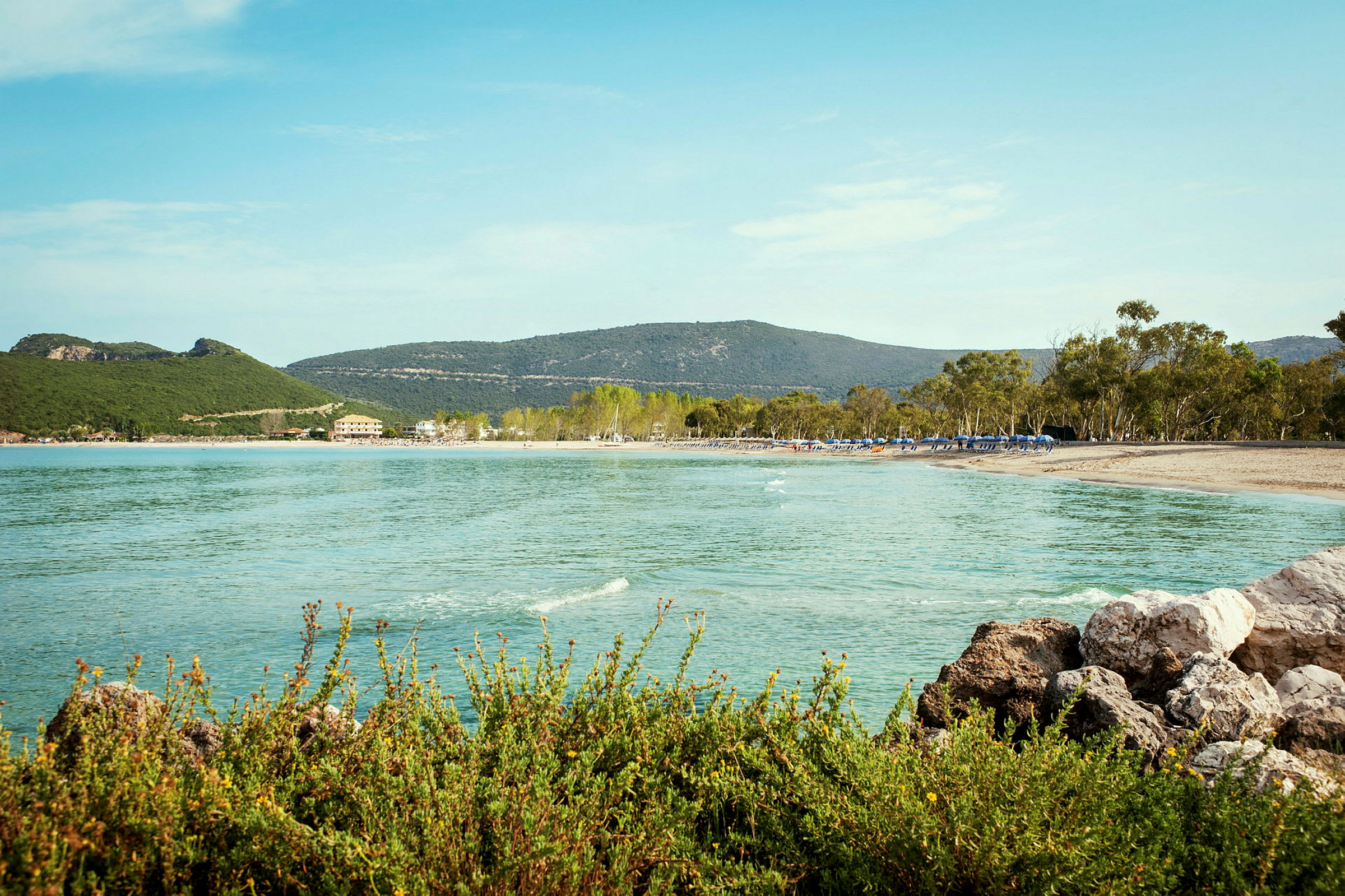 En strand med klart vand, grønne bakker og træer i baggrunden. (AI-genereret tekst)