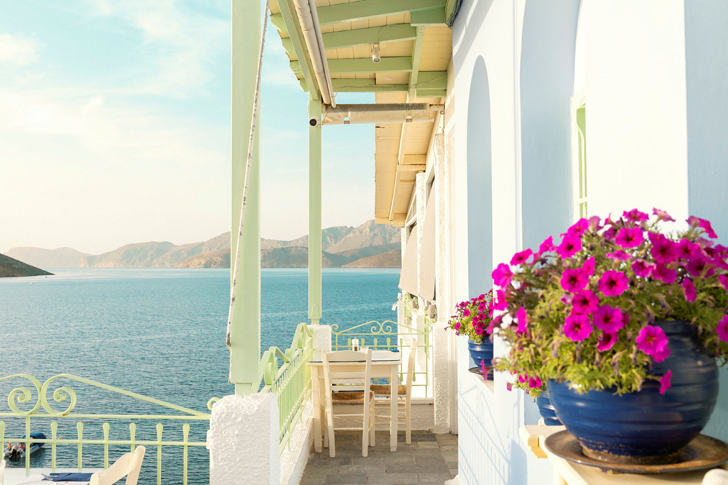 Terrasse med udsigt over havet og bjerge, blomsterkummer i forgrunden. (AI-genereret tekst)