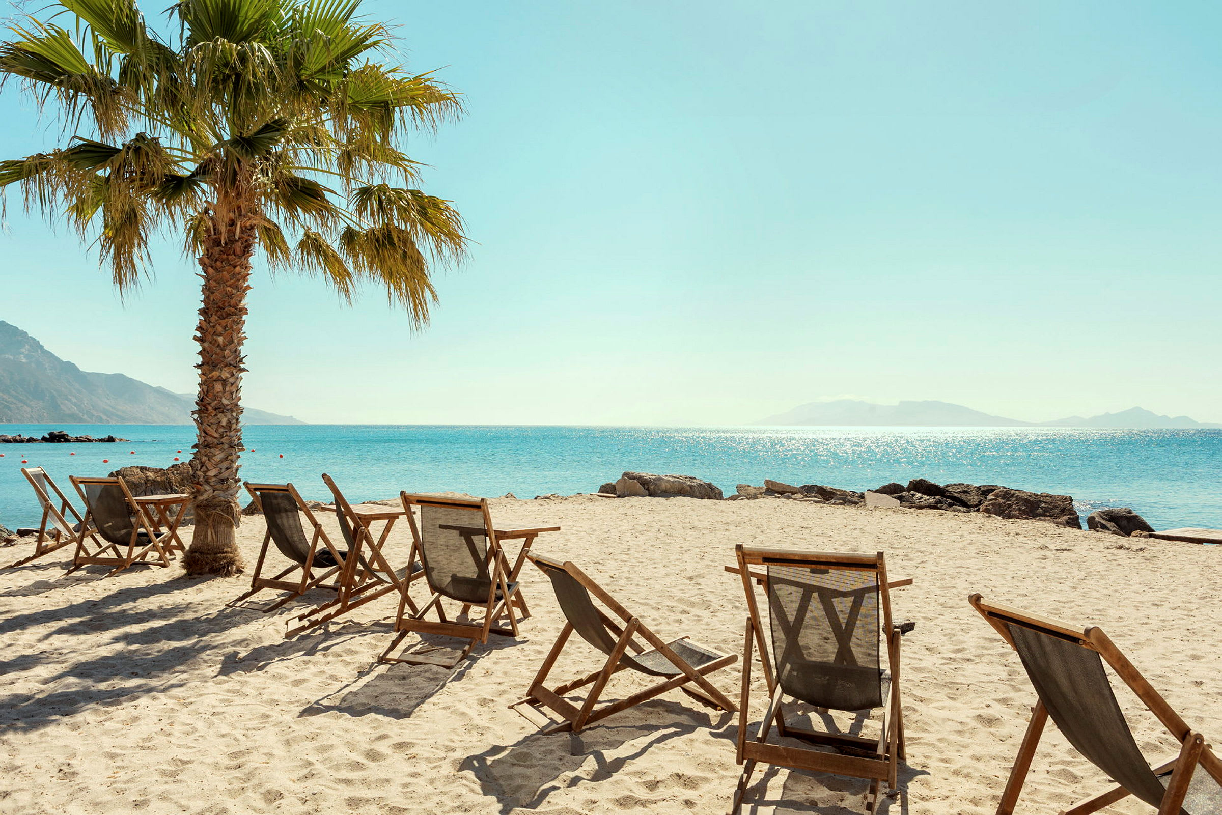 Liggestole på en sandstrand med en palme og udsigt over havet. (AI-genereret tekst)