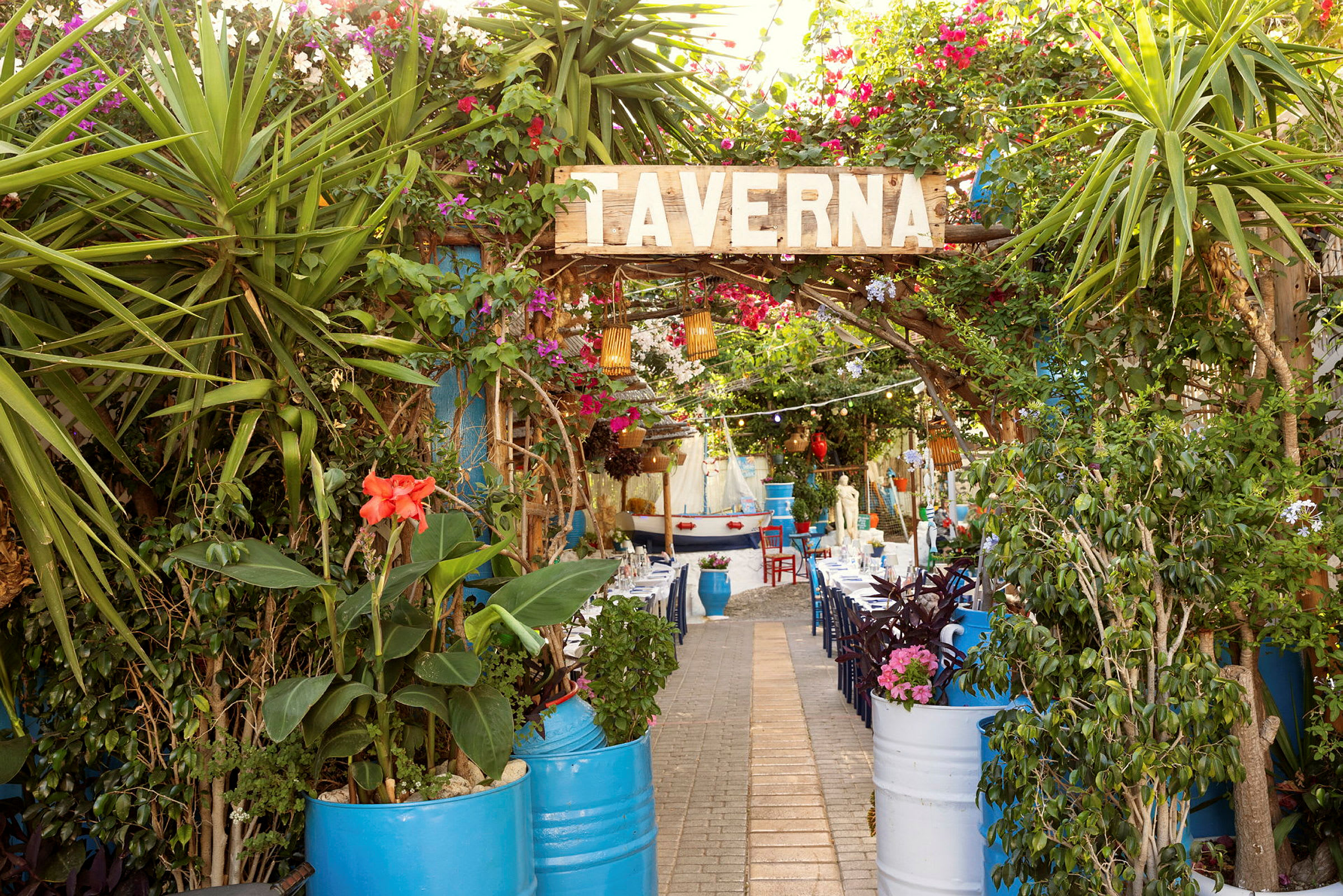 Indgang til en taverna med grønt og farverige blomster. (AI-genereret tekst)