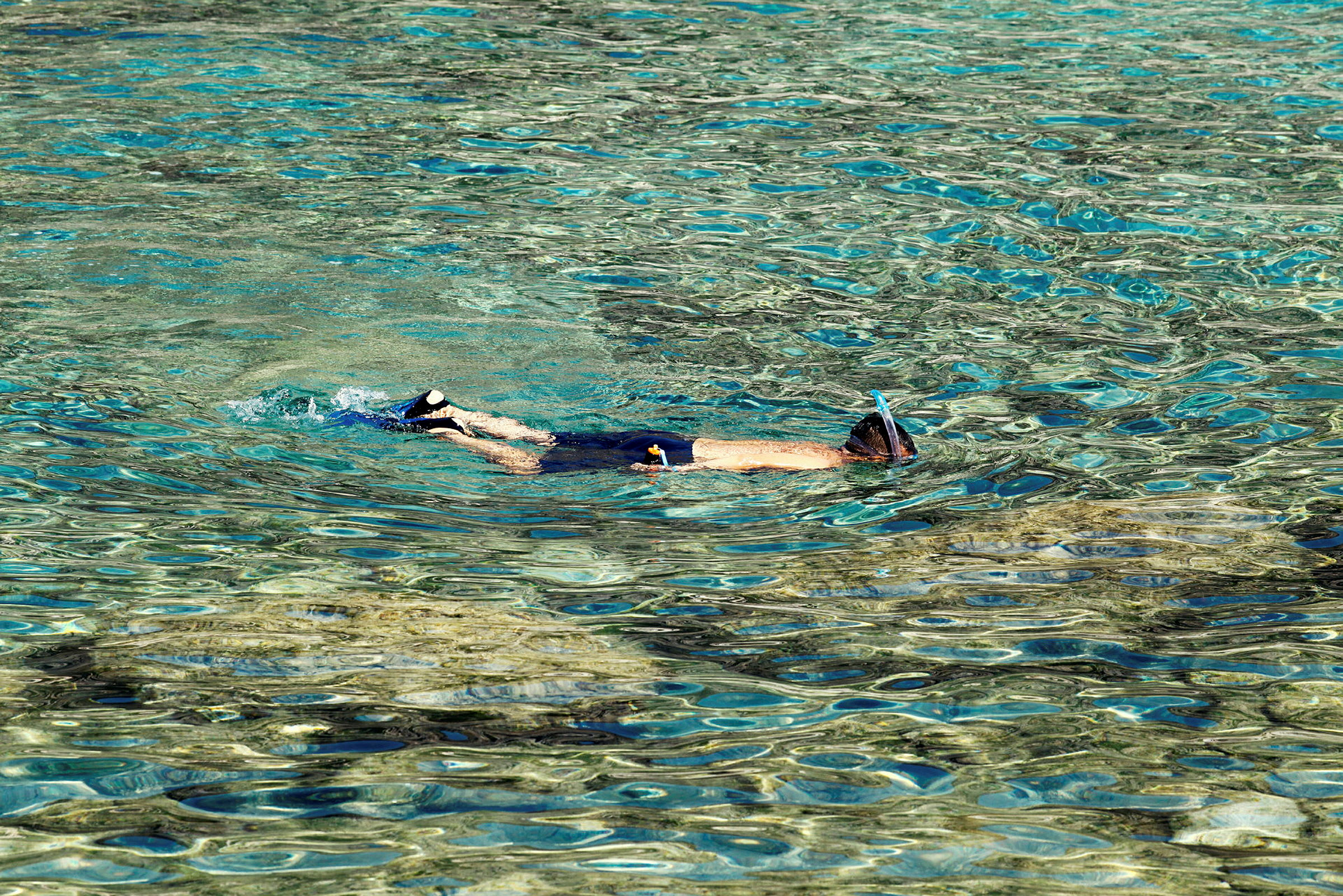Person med snorkel svømmer i klart vand. (AI-genereret tekst)