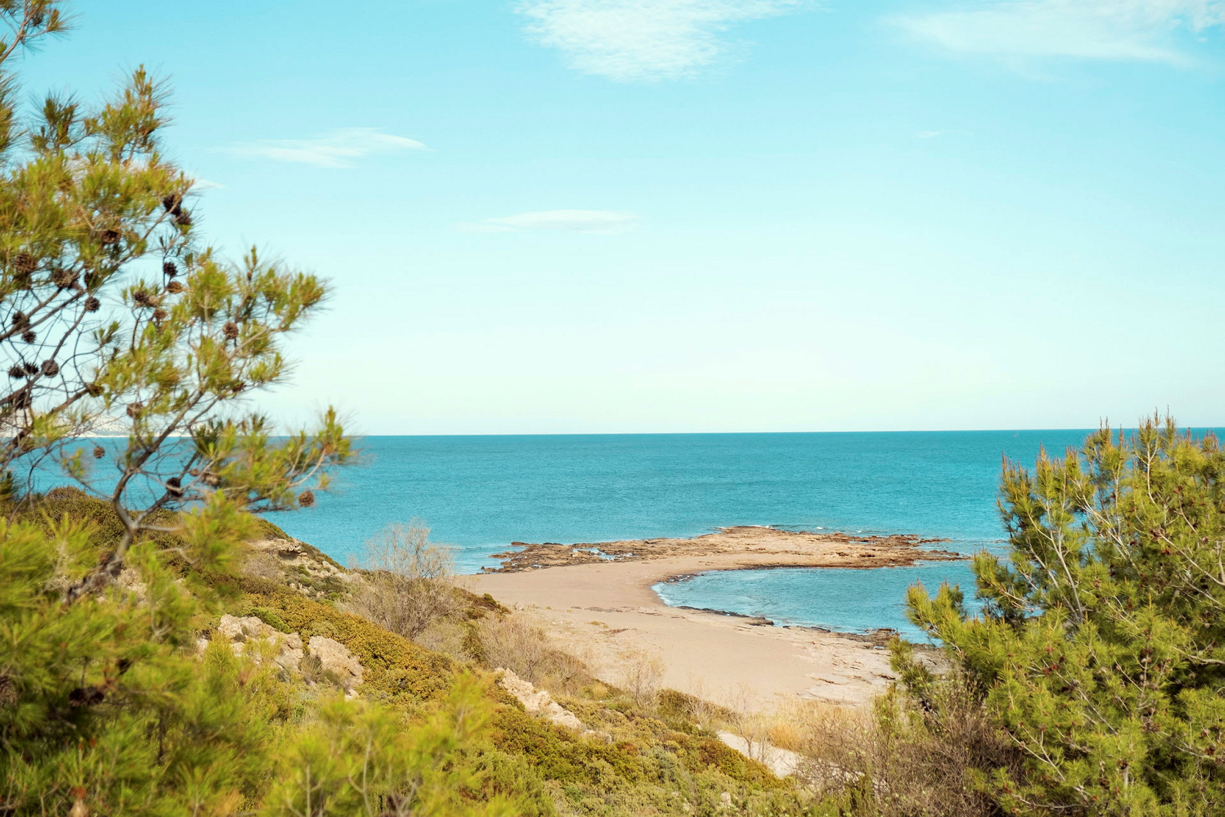 En afsides sandstrand med omgivende vegetation og havet i baggrunden. (AI-genereret tekst)