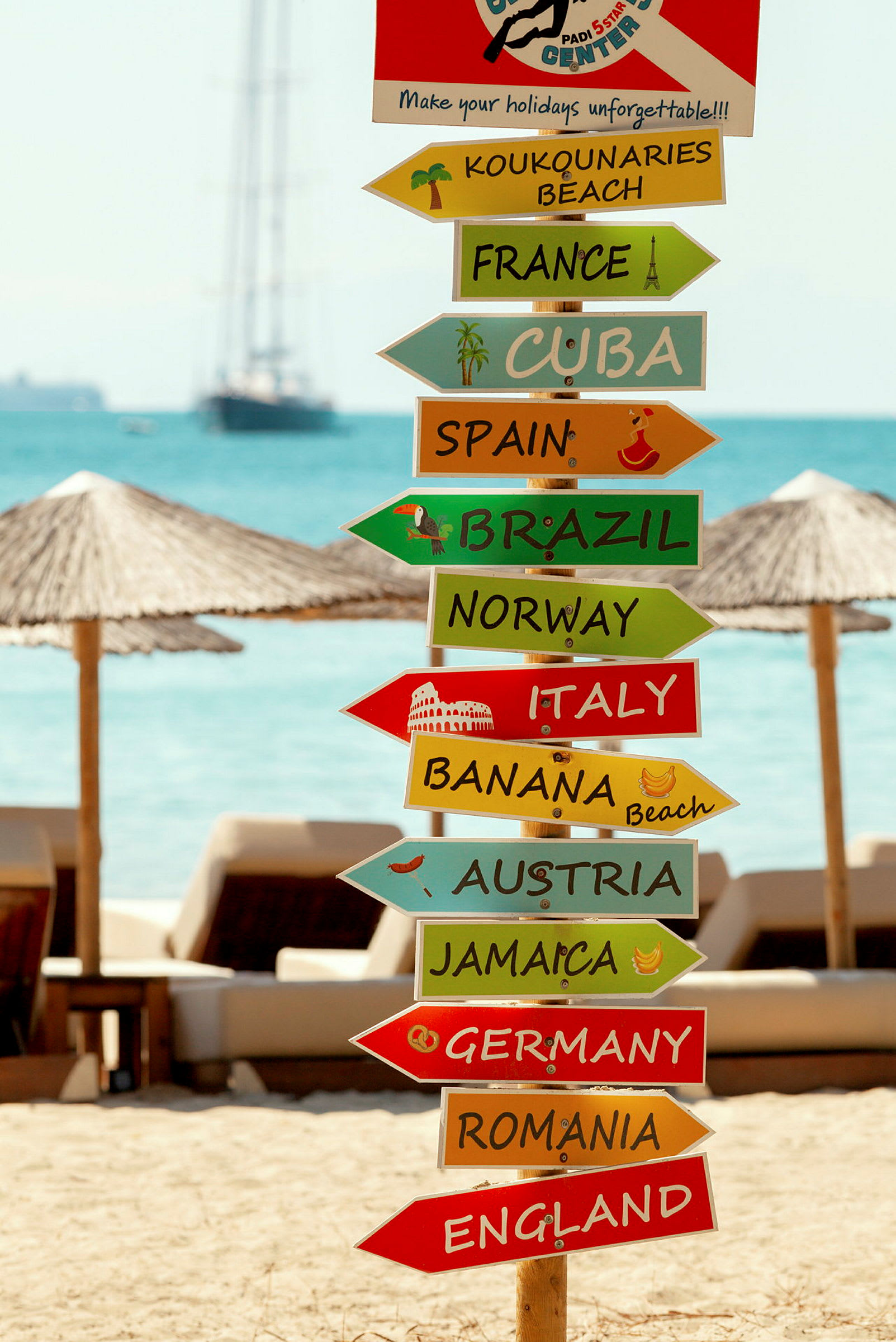 Farverige vejskilte på en strand, der viser til forskellige destinationer. (AI-genereret tekst)