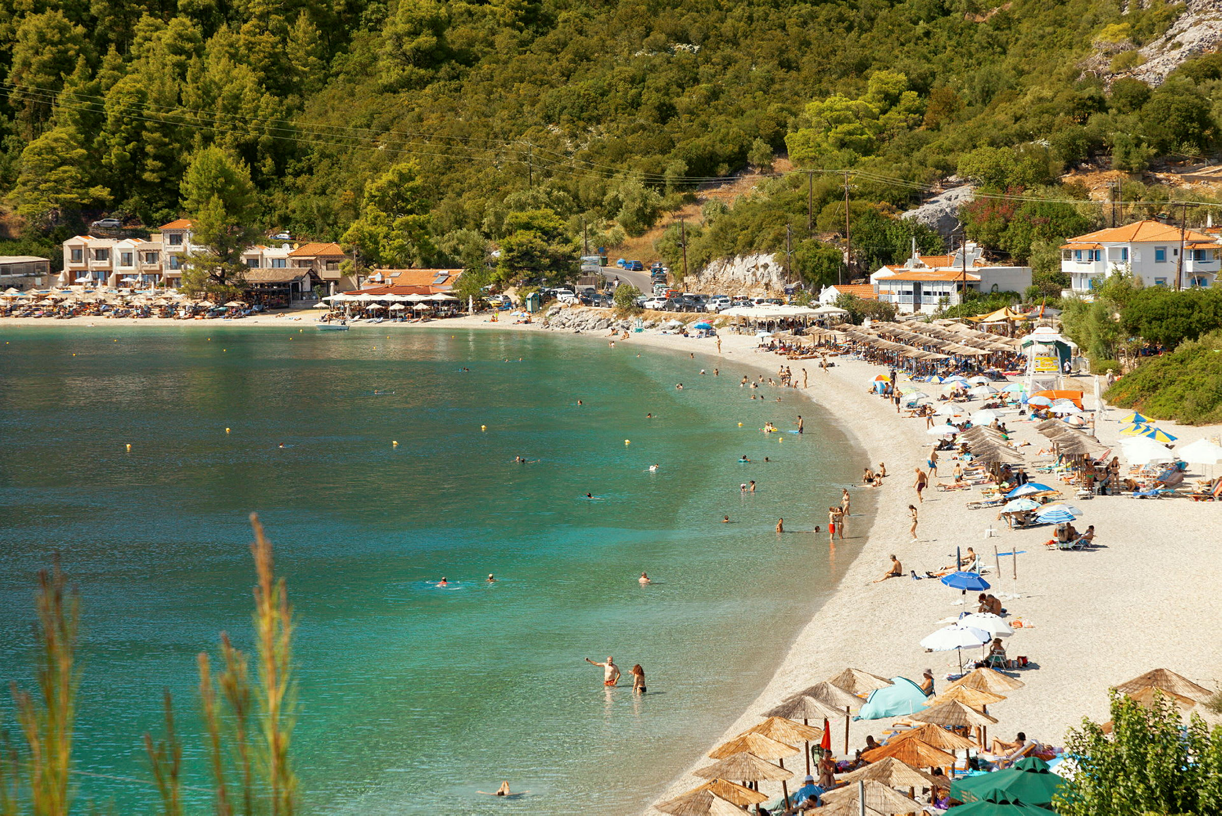 Strand med turkis vand, besøgende og parasoller med en frodig baggrund. (AI-genereret tekst)