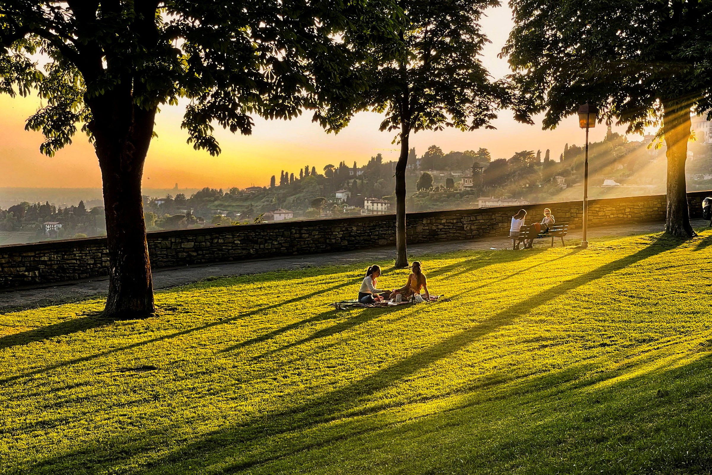 En græsplæne ved solnedgang, hvor folk sidder på tæpper og bænke i skyggen af træerne. (AI-genereret tekst)