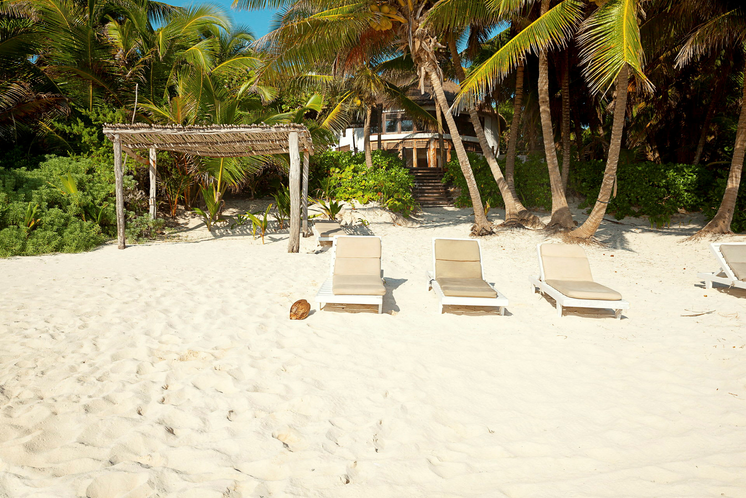 Strand med liggestole på hvidt sand ved siden af grønne palmer og vegetation. (AI-genereret tekst)