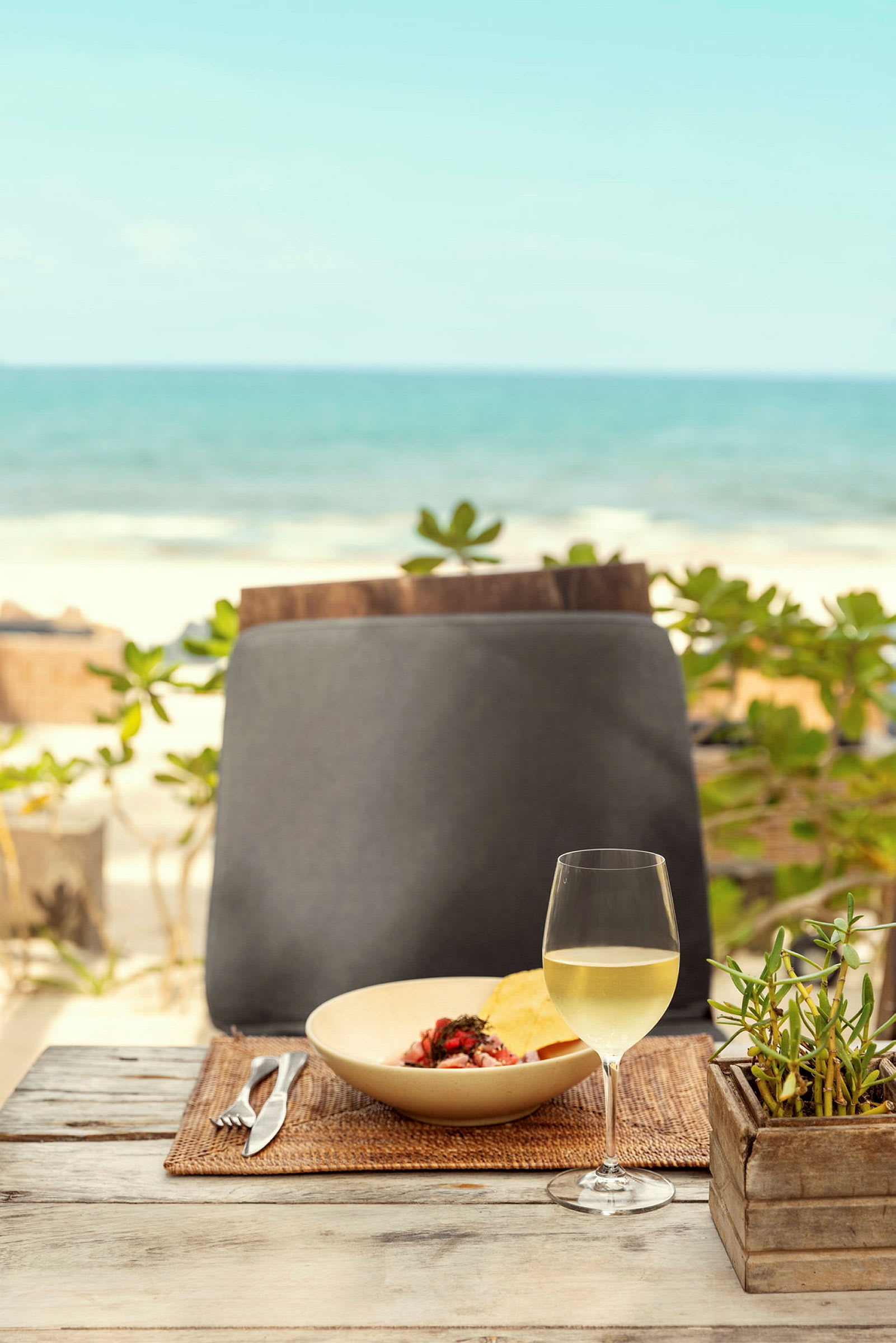 Udsigt over en tallerken med mad og et glas vin på et bord med havet i baggrunden. (AI-genereret tekst)