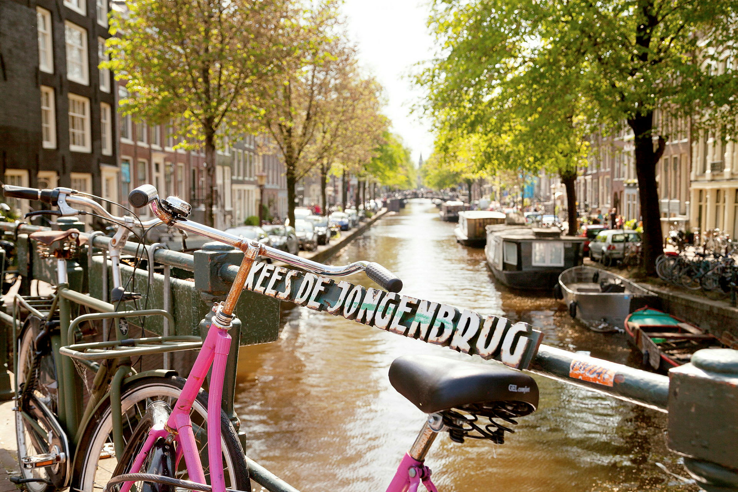 En lyserød cykel står lænet op ad en bro, der strækker sig over en kanal med grønt og både i baggrunden. (AI-genereret tekst)