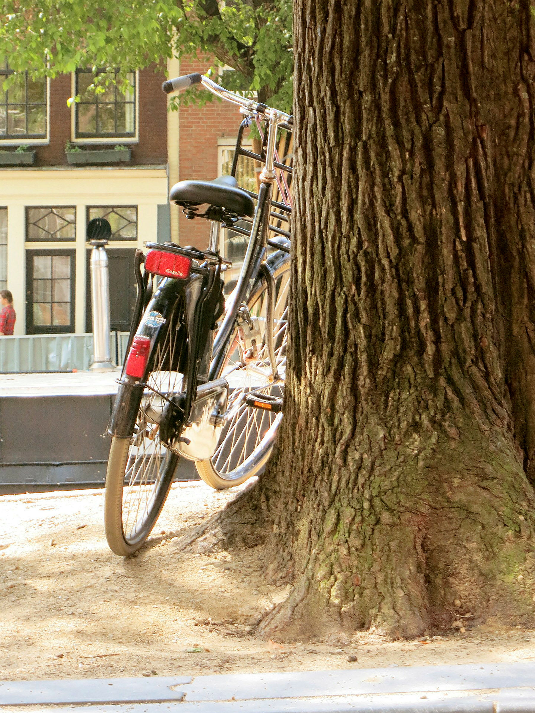 En cykel står op ad et træ på en bygade. (AI-genereret tekst)