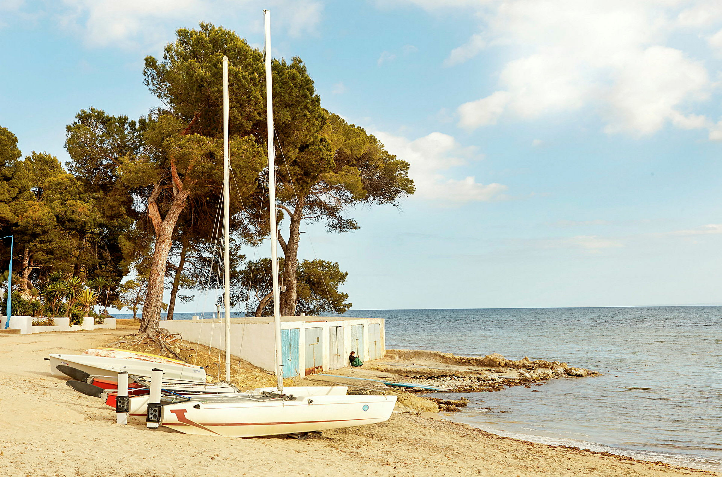 Strand med sejlbåde og fyrretræer i baggrunden. (AI-genereret tekst)