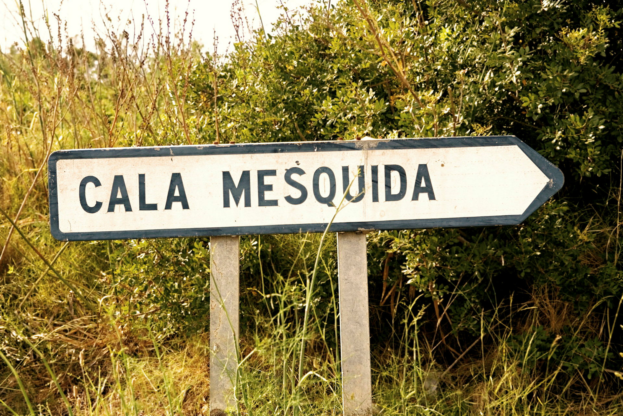 Et vejskilt med teksten "Cala Mesquida" peger til højre, omgivet af vegetation. (AI-genereret tekst)