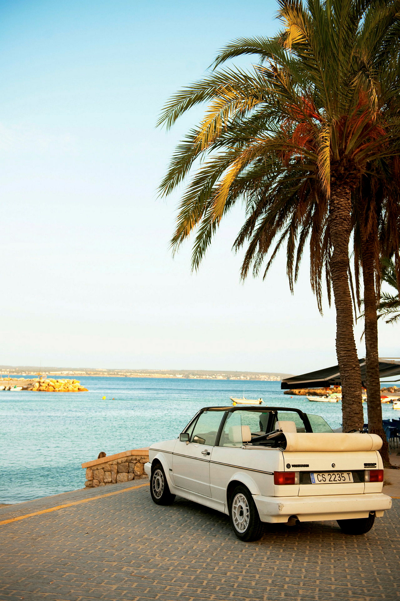 En hvid cabriolet parkeret ved havet med palmer i forgrunden. (AI-genereret tekst)