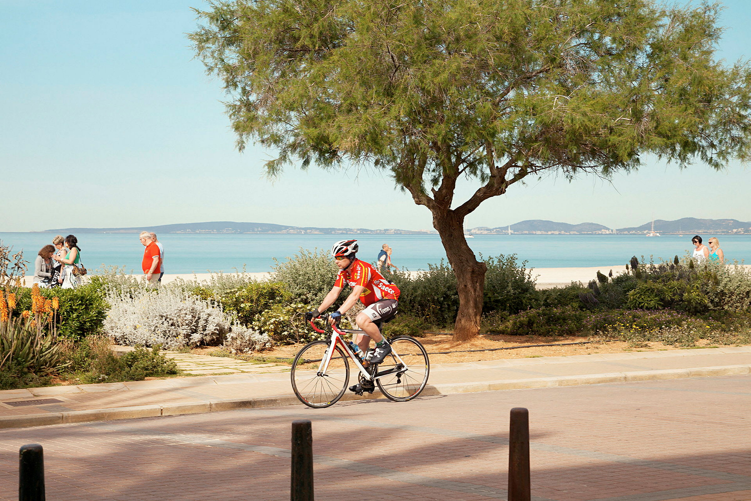 Cyklist på en vej nær stranden med havet i baggrunden. (AI-genereret tekst)