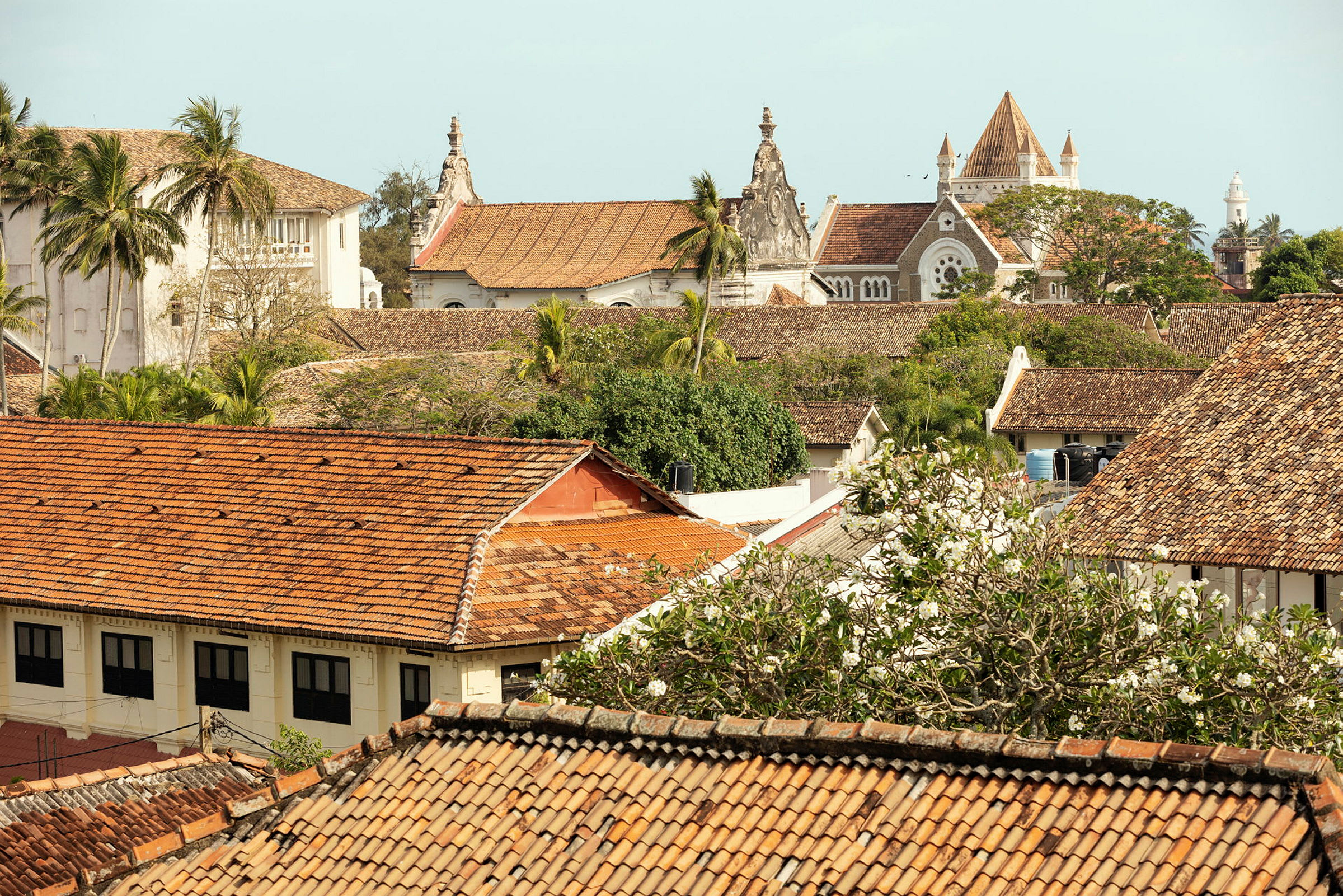 Panoramaudsigt over et område med røde tegltage omkranset af palmer og grønne omgivelser samt en historisk kirke i baggrunden. (AI-genereret tekst)